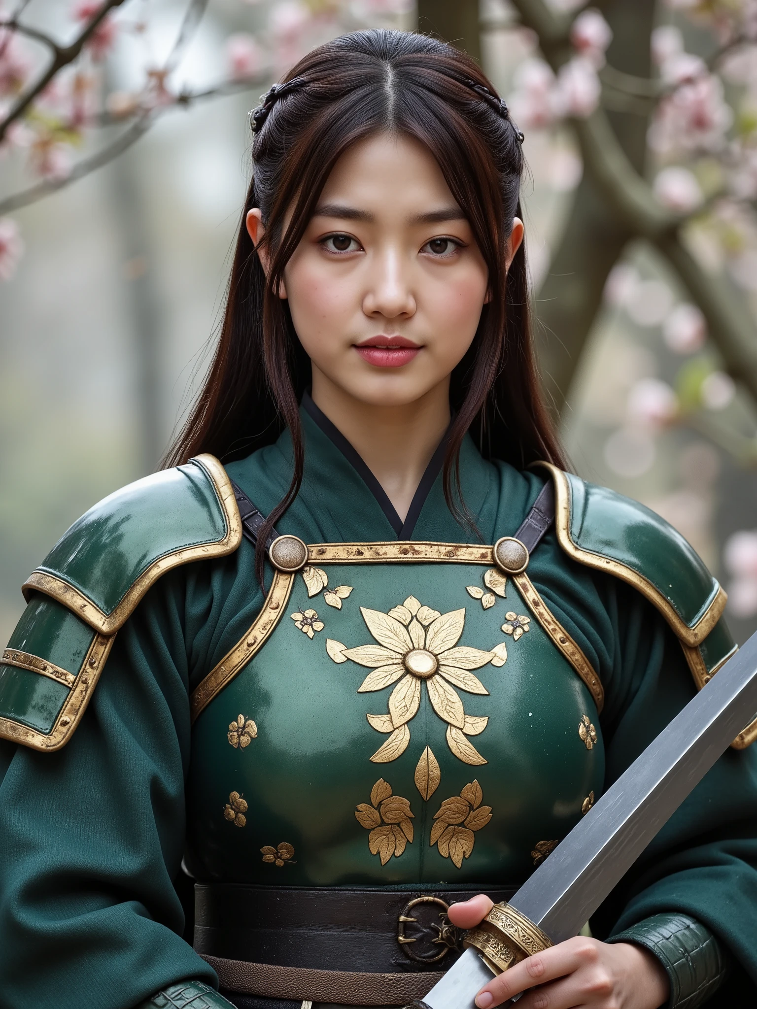 masterpiece, ultra detailed, best quality, (beautiful Asian warrior:1.2), (innocent face:1.3) [large bright eyes, gentle expression, delicate features], (elaborate jade green armor:1.2) [layered silk and leather plates, gold trim detailing, natural motifs of leaves and flowers], (flowing silk robes in forest green:1.2), golden dragon embroidery, (masterwork katana with ornate gold and jade handle:1.2), traditional samurai stance, long black hair with ornate golden hair pins, jade accessories, nature-inspired armor design [bamboo patterns, flowing water motifs], forest battlefield background, cherry blossoms falling, morning mist effects, soft natural lighting, detailed fabric textures [silk sheen, intricate embroidery], perfect metal reflections on armor plates, detailed leather straps with gold buckles, dynamic pose with katana, floating silk fabric effects, atmospheric fog, cinematic composition, ultra sharp details, professional fantasy photography, perfect depth of field, Asian fantasy aesthetic, detailed weapon craftsmanship, perfect shadows and highlights on silk, volumetric lighting through mist
