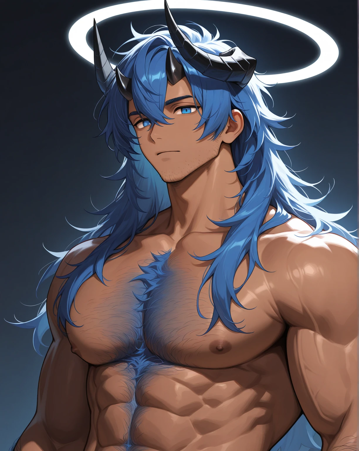 naughty man, Muscle, black and blue hair, best qualityrr,open chest vest, blue and black clothes, Dragon Wings, black cloth on face, silver cross chain on neck, black hood with blue horns 