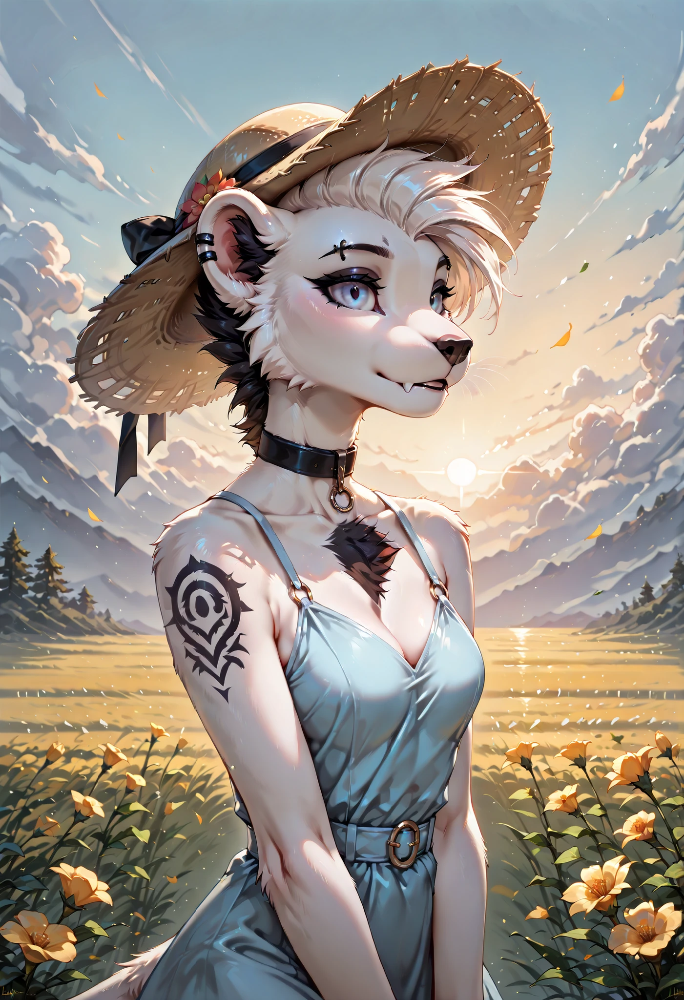 score_9, score_8_up, score_7_up, masterpiece, detailed_eyes, high_quality, best_quality, highres, absurdres, 8k, subject_focus, depth_of_field, best quality, solo , anthro , Zaffa , close up, lioness, black and white hair , white fur , fluffy fur , detailed fur , black tattoo , eyebrow piercing , ear clip , slim body, (((light blue dress))), straw hat, blooming field, detailed background