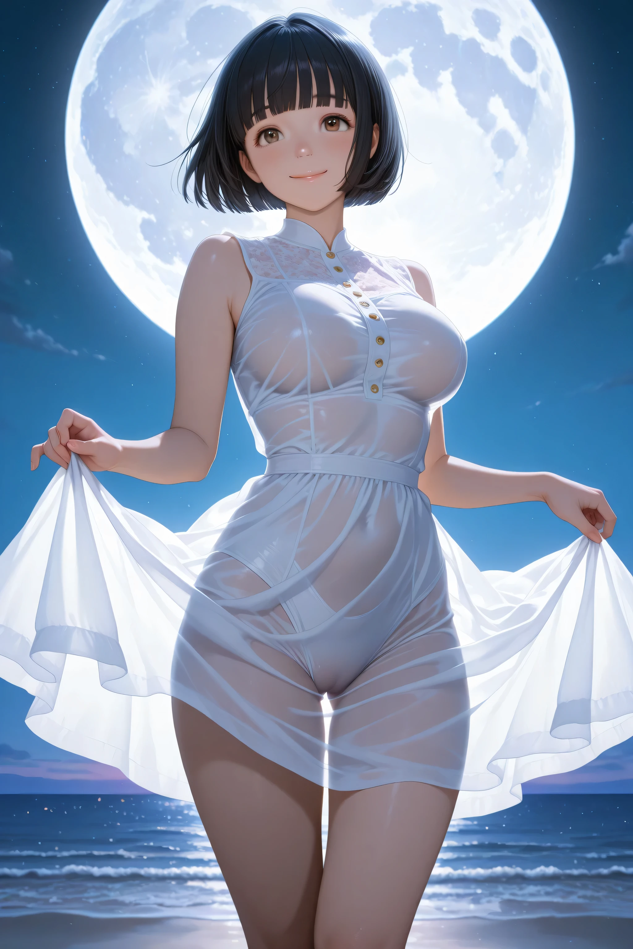 1girl, standing,
BREAK girl, 22yo, short hair, bob cut, ear, (blunt bangs), black hair, (tareme:1.2), detailed cute brown eyes, curled eyelashes, (large breasts:0.8),
beautiful eyes, beautiful face,
white one-piece dress, sleeveless, (floating skirt, see-through silhouette:1.2), thighs,
smile,
outdoors, night, horizon, summer, (large moon, backlighting:1.2),
masterpiece, best quality, amazing quality, very aesthetic, absurdres, newest, (realistic:1.2), highres, hyper-detailed, super detailed, extremely detailed, nsfw, explicit