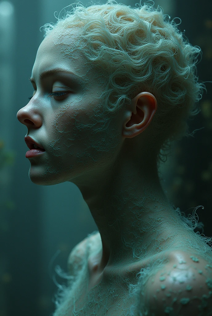 half body shot, hyper realistic photograph in a swamp, beautiful pale model, iridescent skin, skin that looks like glass, white albino  python body moving in the water,