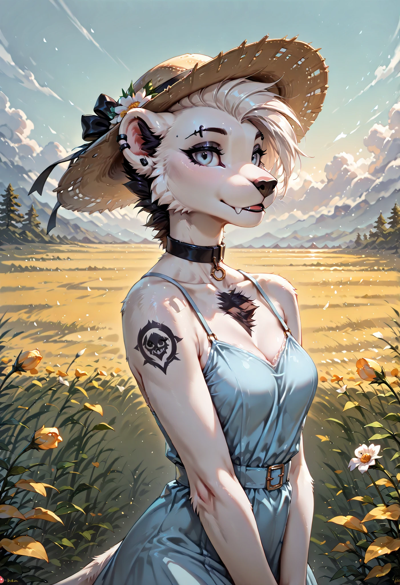 score_9, score_8_up, score_7_up, masterpiece, detailed_eyes, high_quality, best_quality, highres, absurdres, 8k, subject_focus, depth_of_field, best quality, solo , anthro , Zaffa , close up, lioness, black and white hair , white fur , fluffy fur , detailed fur , black tattoo , eyebrow piercing , ear clip , slim body, (((light blue dress))), straw hat, blooming field, detailed background