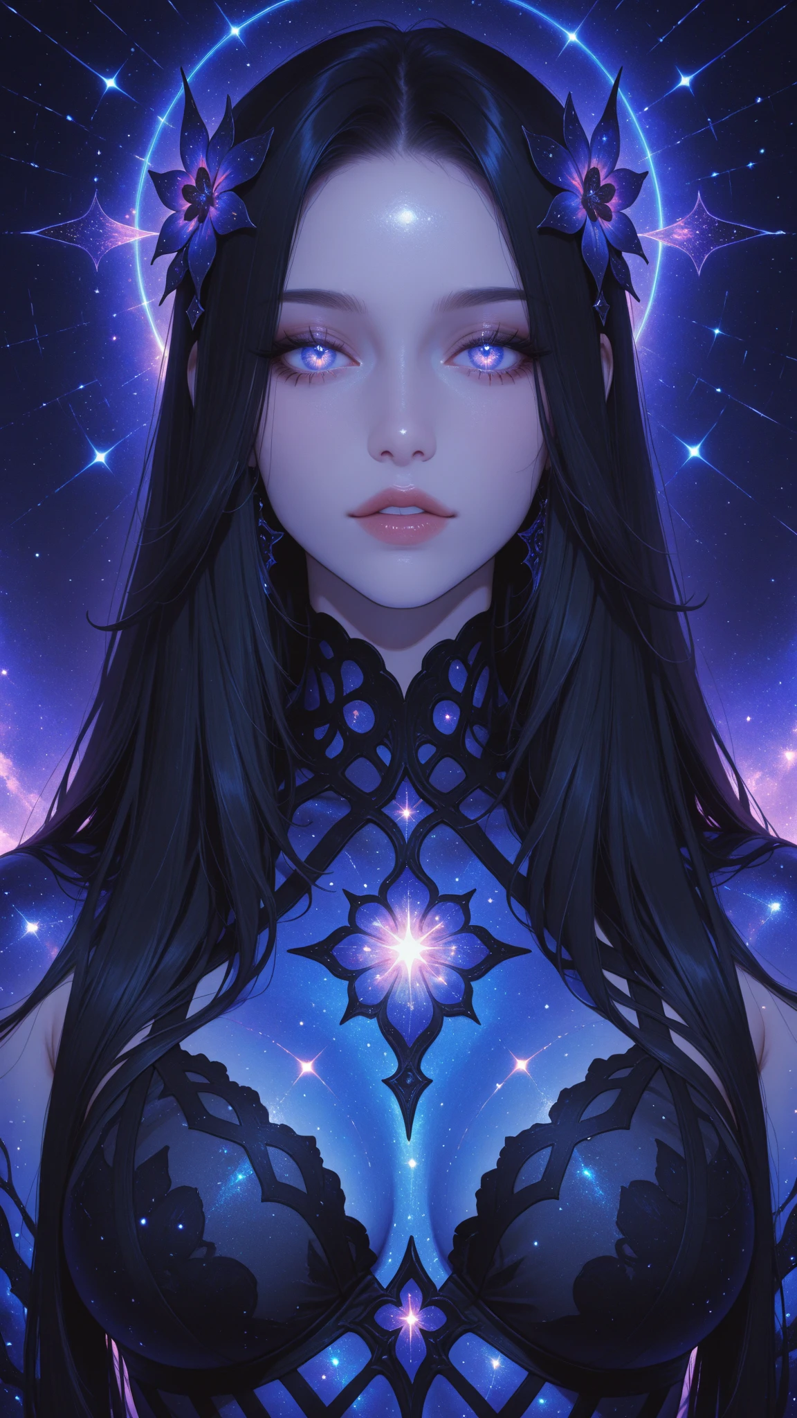A grand divine cosmic goddess, (2d illustration:1.2), Dark, purple, blue, starry, (imposing), (grand), (1woman:1.3), ((sfw:1.4))