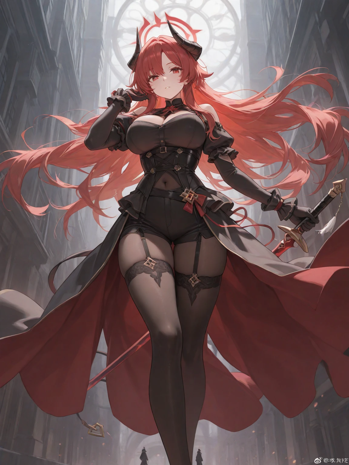 Female, alone, paladin of light, human, light powers, expert fighter, red hair, detailed eyes, beautifull face, long hair, defined body, yellow and bright eyes, thick legs, strong legs, tall, Voluptuous legs, black armor, palading black armor, huge ass, big hip, big ass,  wearing black coat, black and red robes, detailed eyes, big hips, thick body type