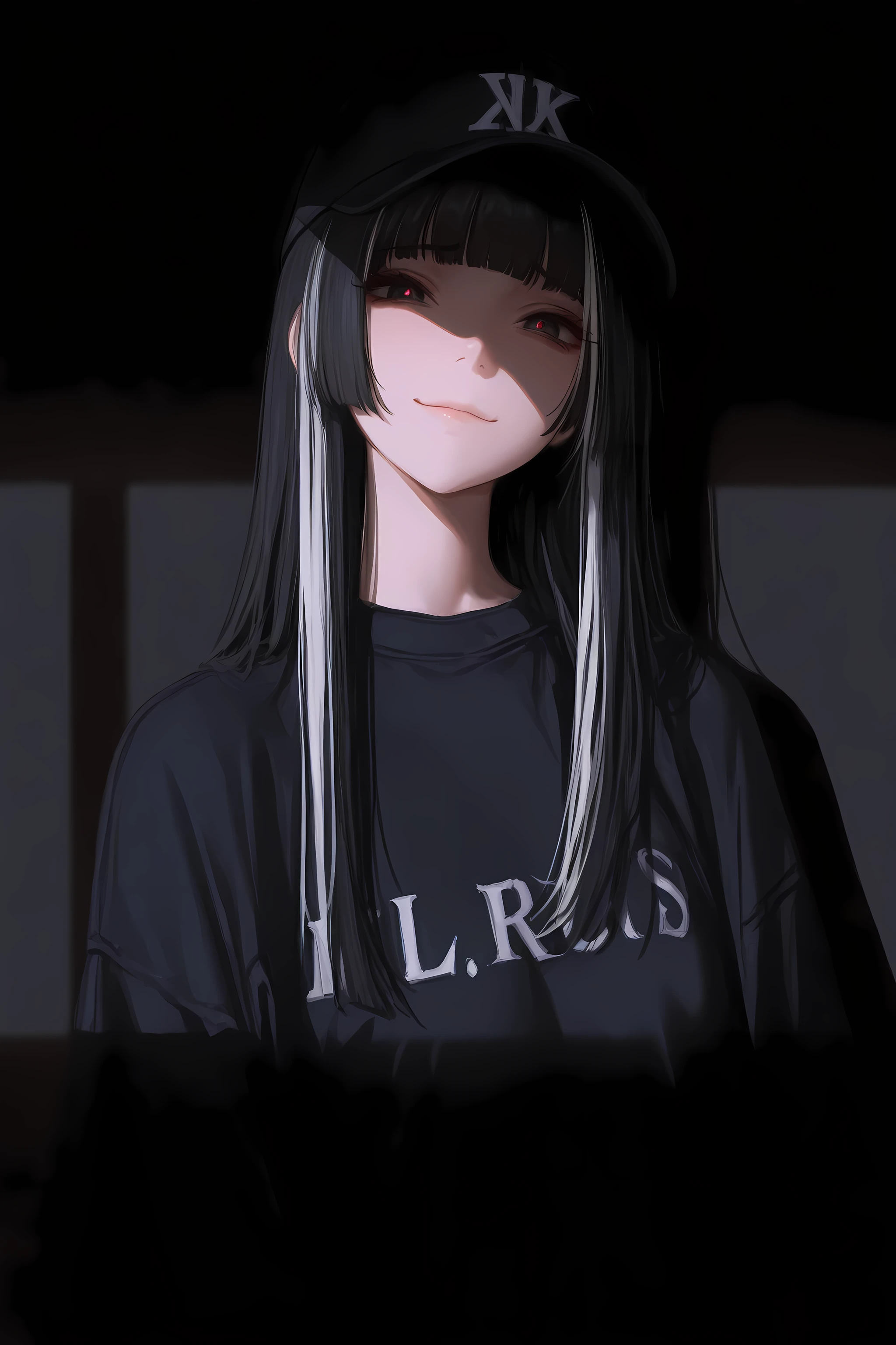 masterpiece, best quality, amazing quality, very aesthetic, high resolution, ultra-detailed, absurdres, newest, 1girl, baseball cap, hime cut, long hair, black hair, white hair streaked hair, sad smile, looking at viewer, sharp shadow, cinematic lighting, volumetric lighting