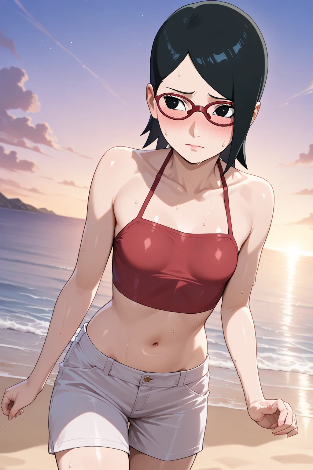 1girl, solo, black hair, short hair, Red eyes, frameless glasses. In a Red bikini Top// Denim shorts, closeup shot,, detailed art. Curved hips, Thick thighs, smirk, bare shoulders, Resort sea background,, facing viewer, hands on hips, shiny hair, sexy hips. Dark pink painted lips, wet skin, (extremely detailed face), behind, 8K resolution, super detailed, high quality,, heart shaped lips.