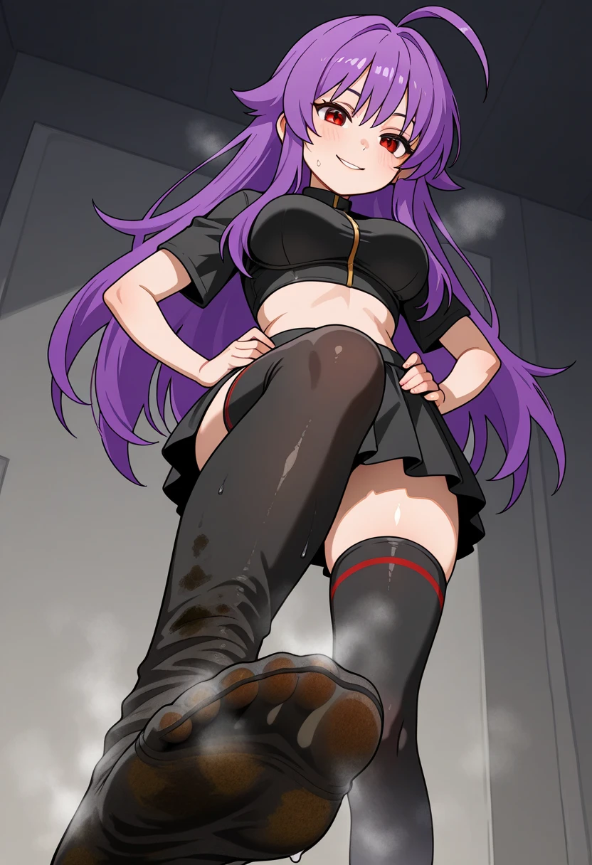 score_9, score_8_up, score_7_up, score_6_up, score_5_up, score_4_up, source_anime, 1 woman, worth, full body, purple hair, long hair, blue eyes, tape your mouth shut, w-w-chain, shackles, raise arms, clean hair, black shirt, short, leather boots, thigh high boots, heels, cell, dungeon, best quality, best res, 4K UHD,