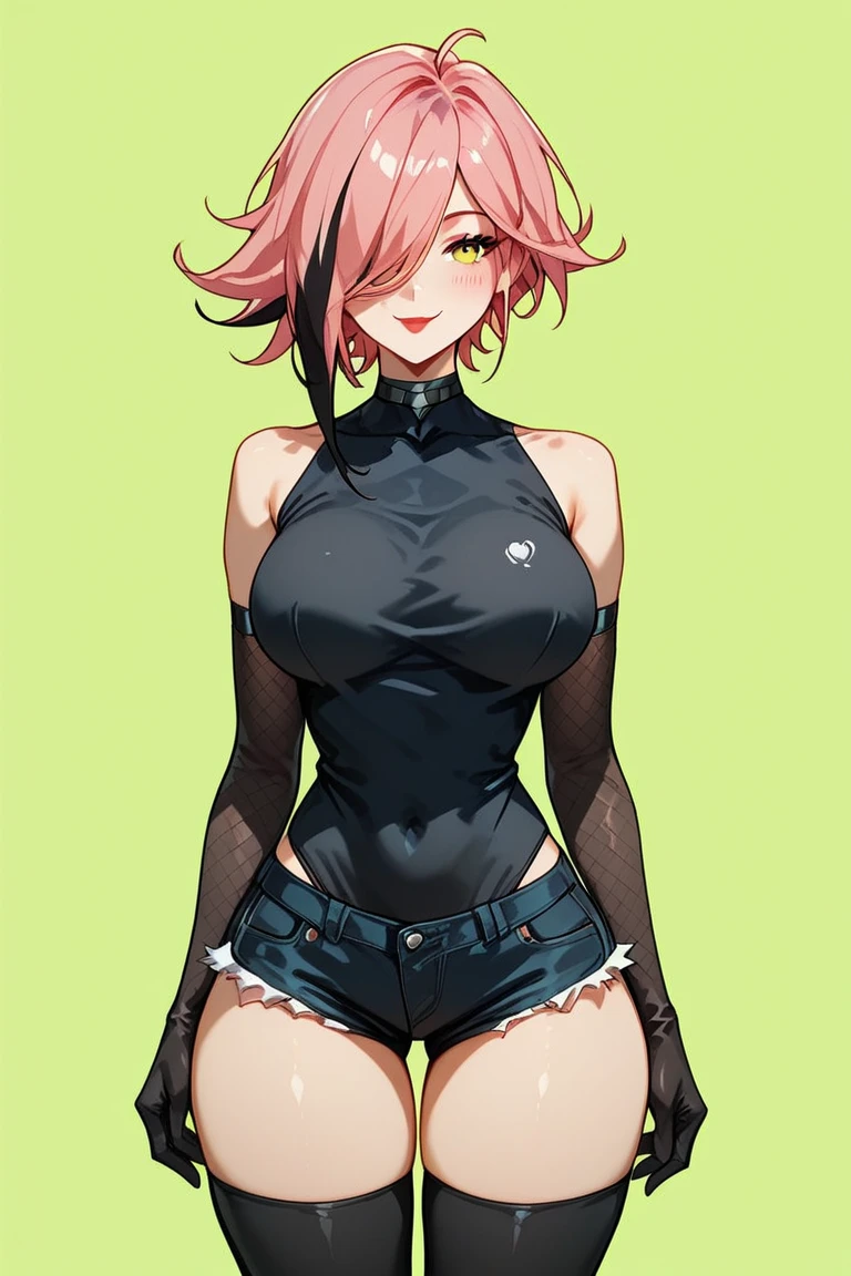 ((Sketch)), (Watercolor), 1girl, short dark pink hair, messy hair, light pink eyes, beautiful eyes, pointy ears, detailed lips, smirk, choker, collarbone, large breast, wide hips, loose cropped hooded sweater, under boob, cut jean shorts, small shorts, center opening, thigh gap, black fingerless gloves, (white background), hip dips, thick thighs, perky breasts