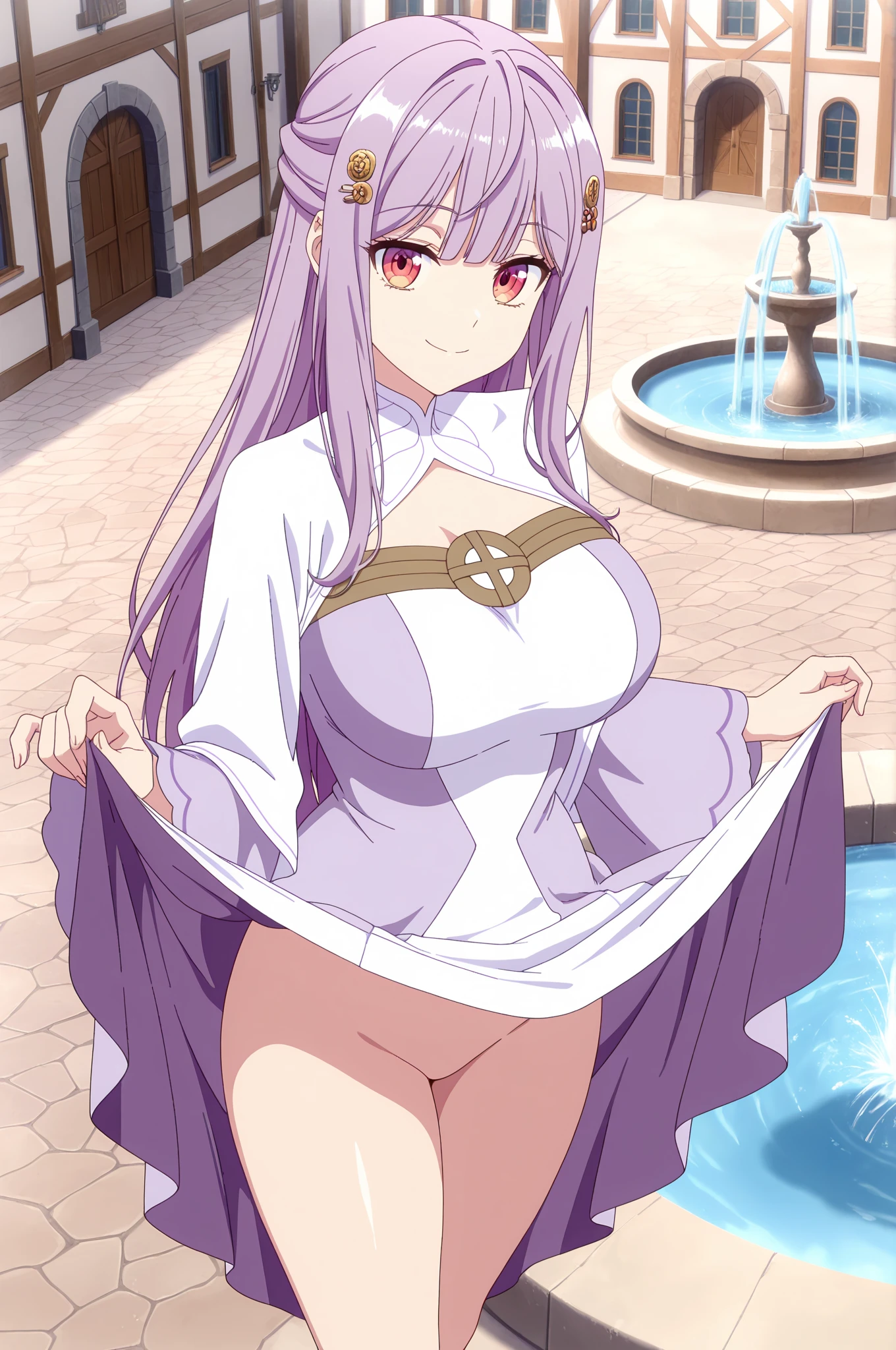 ((masterpiece)), ((best quality)), melascula, empty eyes, 1girl, solo, long_hair, blush, pink thighhighs, pink_hair, purple_hair, blunt bangs, leotard, white cloth, breasts, large breasts, navel, cowboy shot, midriff, looking at viewer, rimlight, cameltoe, leaning against a bed, from behind, perfect butt