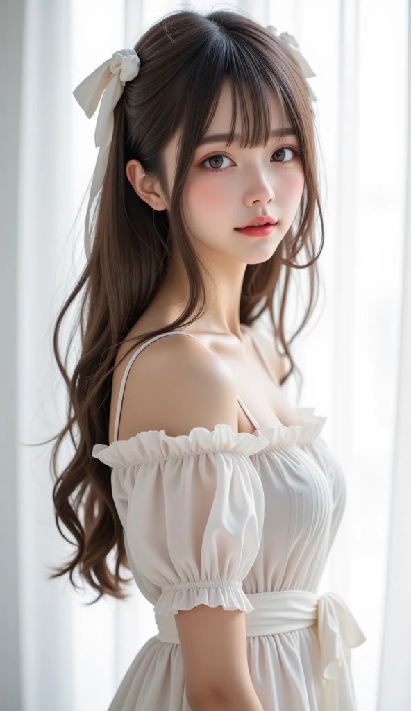 ゴージャスなフリルと複雑な刺繍の入ったdress、8k、See through、Shooting from an angle、High resolution、cute、24-years-old、Hyper Real、Highest quality, masterpiece、3d, High Dynamic Range、Fantasy, cyber punk, middle ages、Hip Up、Large Breasts, PBR Surface、Written boundary depth, Maximum clarity and sharpness, multilayer surface、Perfect Proportions, 8k RAWファイル, Very detailed, Perfect Proportions, Volumetric lighting, Soft lighting、Glowing Skin、Castle Background, gem, Earrings, Perfect Fingers、Golden Ratio、Woman in maid outfit、dress、素敵なdressを着たcuteワイフ, Moe art style、Beautiful art、sexy、M-shaped legs、masterpiece, Very detailed, Ultra high definition, Textured skin