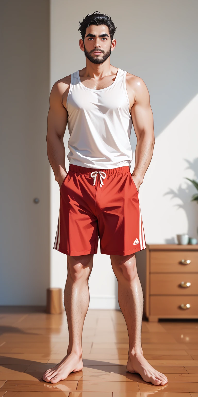 A Japanese boy rolls up his clothes to reveal his stomach and pectoral muscles、Anatomically correct body、14-year-old boy、Smiling in a friendly manner、Very relaxed atmosphere、The whole body is visible、Underdeveloped body、A pair of risqué red boxer shorts with a flashy design、Short hair, active and healthy、at school