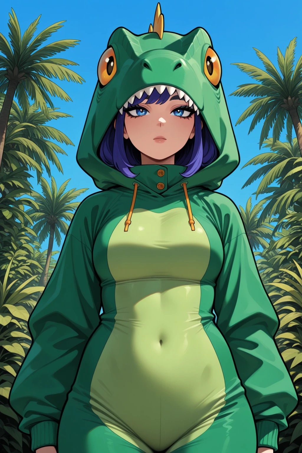 1girl, short hair, upper body, hoodie, hood_up, hands in pockets,  blue sky, detailed full moon <lyco:Lelou:1.0>, seductive smile, curvy,  <lyco:naked_hoodie:1.0>  Naked Hoodie, open clothes, partially unzipped/unzipped,  <lyco:dinosaurCostume:1.0> dc1,dinosaur_costume ,