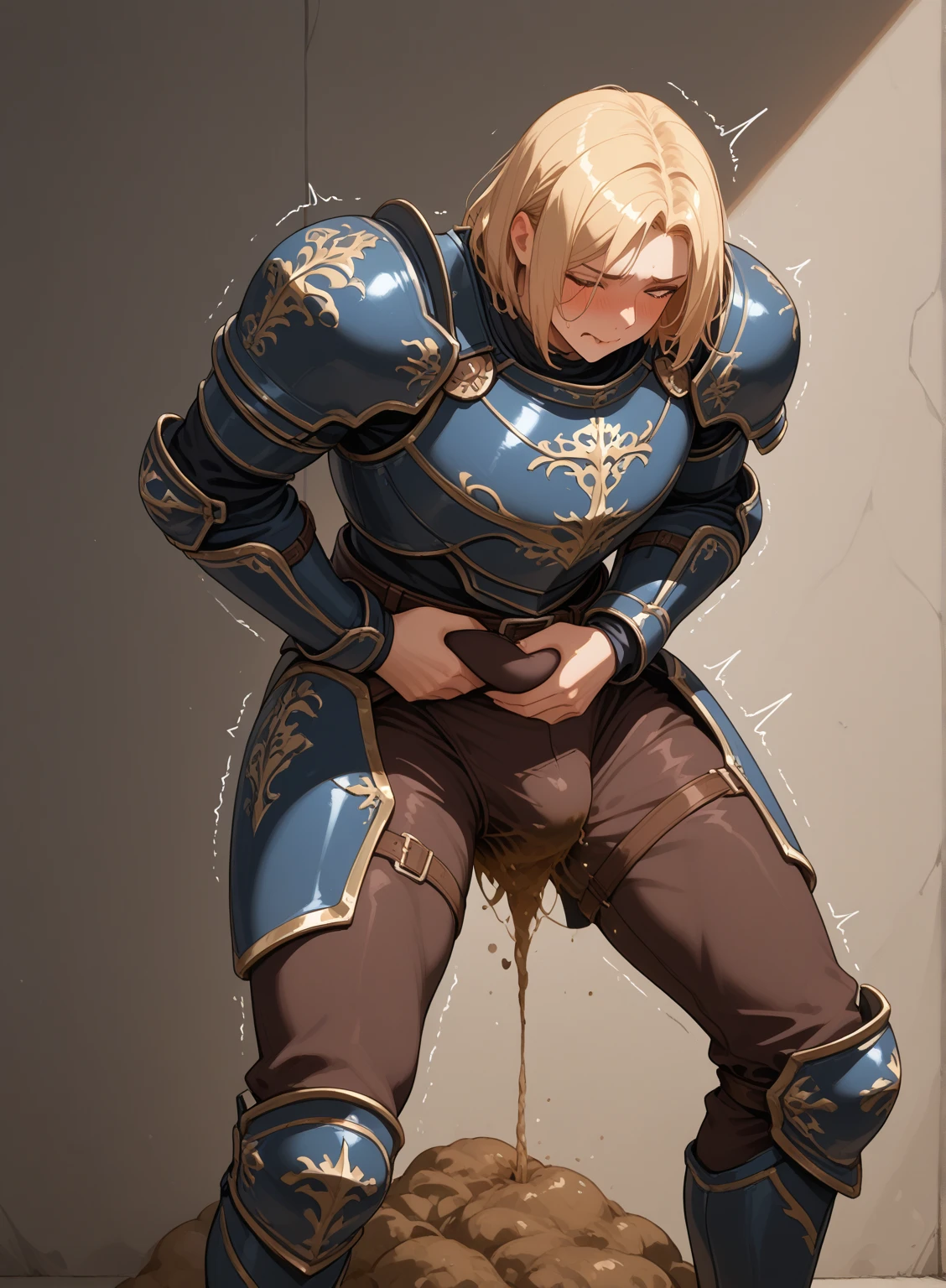 best quality, masterpiece, bodybuilder man, (short blond hair), wearing peasant farmer clothes, no bottoms, anal sex with a man wearing armor, doggystyle, grab ass, grab hair, cumshot, projectile cum, crying out loud, blushing, sexy, gay, homoerotic, extremely dramatic shadows, front view, perfection, no watermark, no logo, no signature