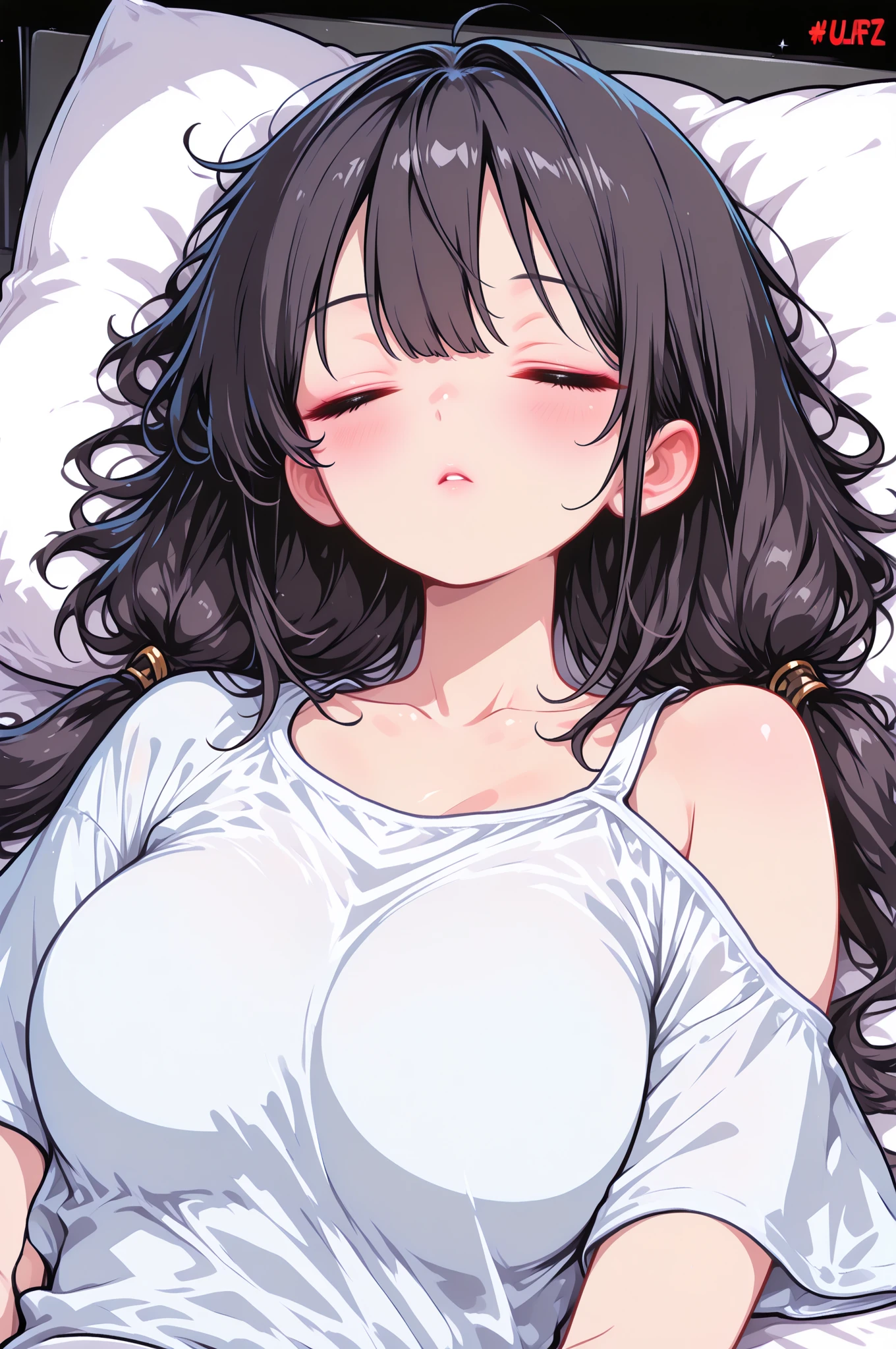 elegant mature woman,tender and gentle face,mature face,modest mature housewife,navy frilled shirt,black hair,at rich home,curvy,straight hair,oval face,lying on back on bed,thin eyes,blushed,wet skin,(opened shirt),look at viewer,trembling