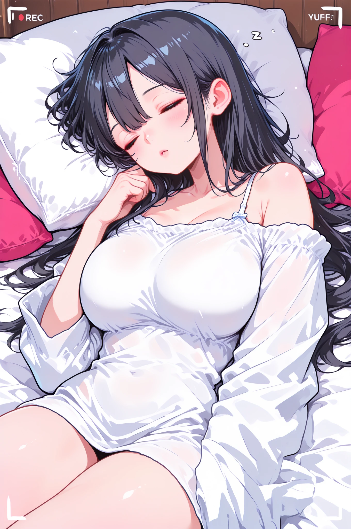 Lying in bed, 24-years-old, Huge breasts, soft, Sweat, long black hair, Straight bangs, Full body illustration of a blue-eyed girl, Embarrassed, cum in pussy, black underwear