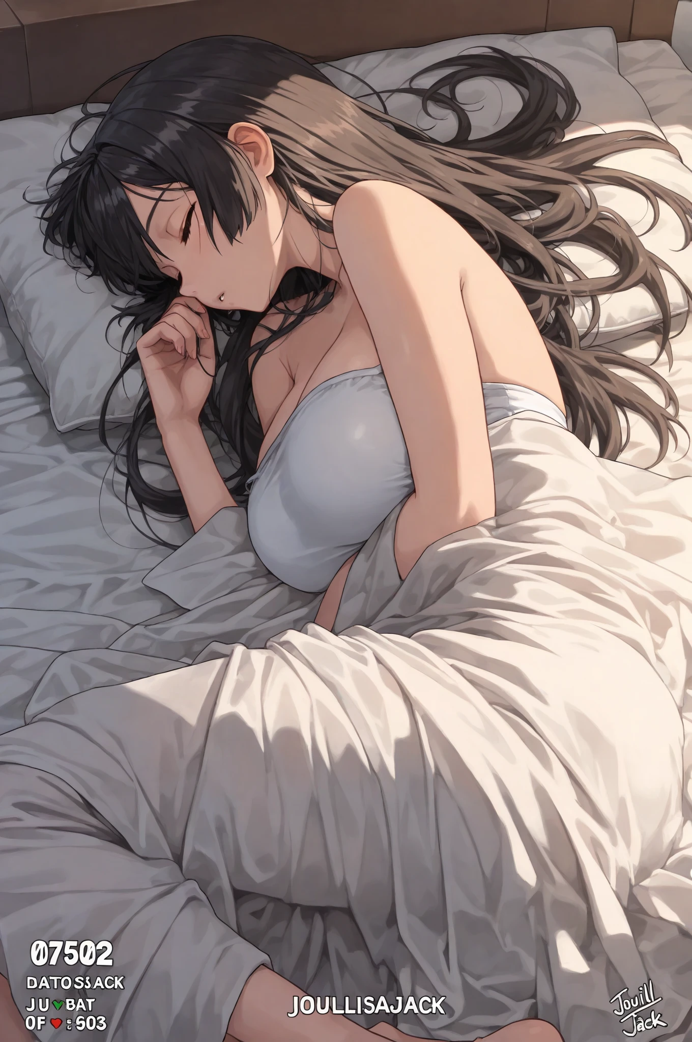 (masterpiece, Highest quality:1.2)、 Mature Woman、40 years old、Black long hair、dead, empty eyes, fainted, exhausted, sleep, drool, open legs, powerless, under wear,  best quality, very aesthetic,, room