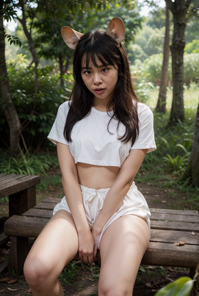 Realistic、In the forest where the morning sun shines、18-year-old female、Realistic Skin、((Dark Eyes))、Long Hair、Crouching crab、Large Breasts、Show your crotch、They have a face like they're about to poop、Sexy white panties、Grey T-shirt、Their t-shirt is soaked with sweat、The morning sun is shining on my crotch、Wearing a tight denim miniskirt、Wearing black sneakers