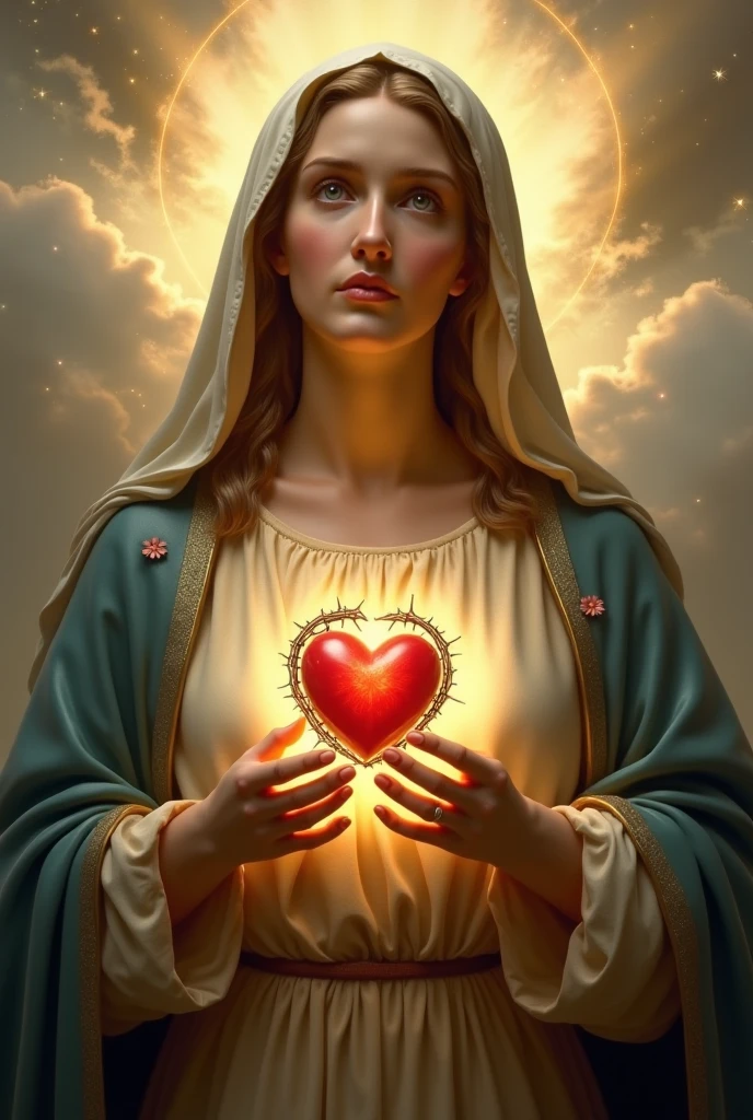 Perfect hand 5 finger, Portrait of a beautiful virgin mary wearing yellow clothes of queen with the queen crown shining the light from her head and heart all over in the clouds, virgin mary, real blue eyes, sunny day, intricate details.real virgin mary, straight head face, Straight body.Prayer virgin mary, perfect full body,  perfect hands finger,Prayer virgin mary, praying virgin mary backgrounds natural photographic