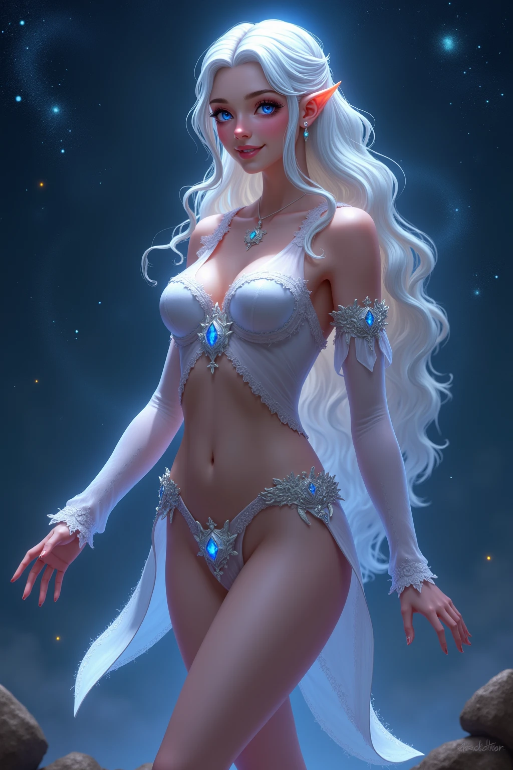 25-year-old Caucasian woman、ash blonde、blue eyess、Semi-long、setting hair、I'm tying my hair、My hair is wavy、Slender but thin macho、accessories on the wrist、wearing a chain necklace、Beautiful breasts、a smile、I need space above my head、She is wearing an extravagant belly dance costume.、Wearing high heels、Snowflakes are falling all over the screen、background art nouveau