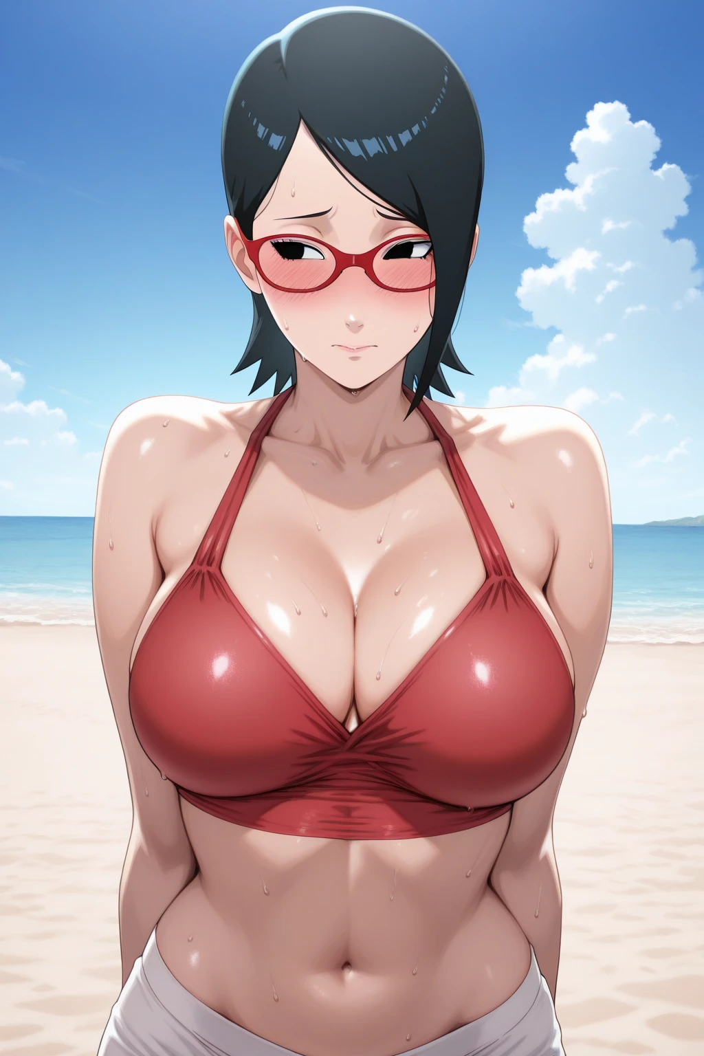 1girl, solo, black hair, short hair, Red eyes, frameless glasses. In a Pink bikini Top// black bikini bottom, closeup shot,, detailed art. Medium Curved breast,, beautiful ass,, Curved hips, Thick thighs,, bare shoulders, Outdoors,, facing viewer, hands on hips, shiny hair, sexy hips. Dark pink painted lips, wet skin, (extremely detailed face), behind, 8K resolution, super detailed, high quality,, heart shaped lips.