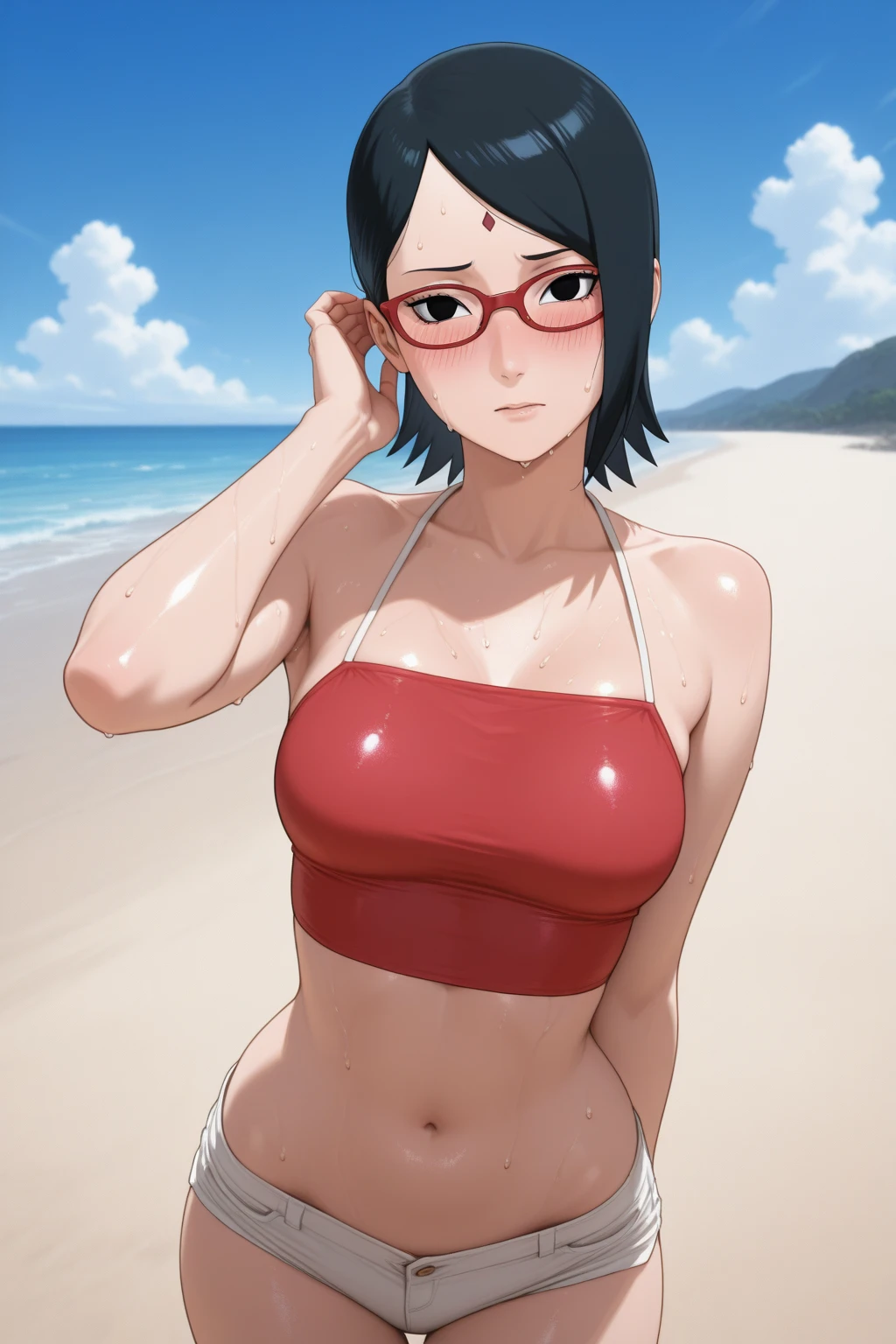 (best quality:1.5, highres, UHD, 4K, detailed lighting, shaders), black hair, bob cut, hair covering one eye, cool woman, cool girl, sharp eyes, blue eyes, with glasses, beautiful, beach background, bikini, large breasts