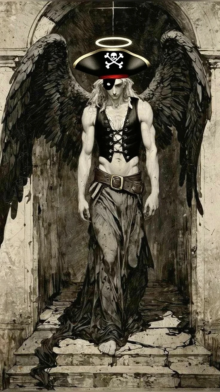 An RPG character, of the Fallen Aasimar race, blond, gray eyes, short-hair, wears an eye patch over his left eye, young adult man, skeletal wings made of bones, playing a small hand-held lyre or harp, wears a short black toga with a toned body and a black snowy owl on the shoulder. Full-body image
