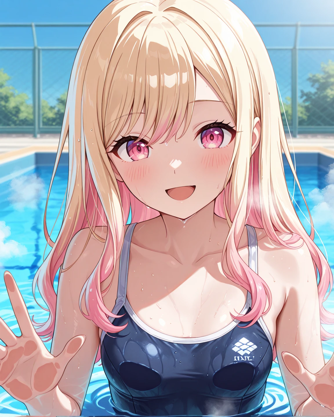 ((Highest quality、、masterpiece:1.3)), Upper Body、Long legs、Sharp focus:1.2, Beautiful woman with perfect figure:1.4、(Smiling:1.2), double eyelid、30-year-old female、Sexy pose、((((Close your mouth、One Woman、bikini)))),(((((one women,poolside:1.5)))))