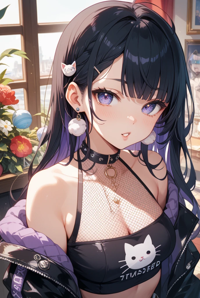 Create a 24-year-old anime girl with a plunging neckline in a purple dress in a shopping mall landscape with a face of love.