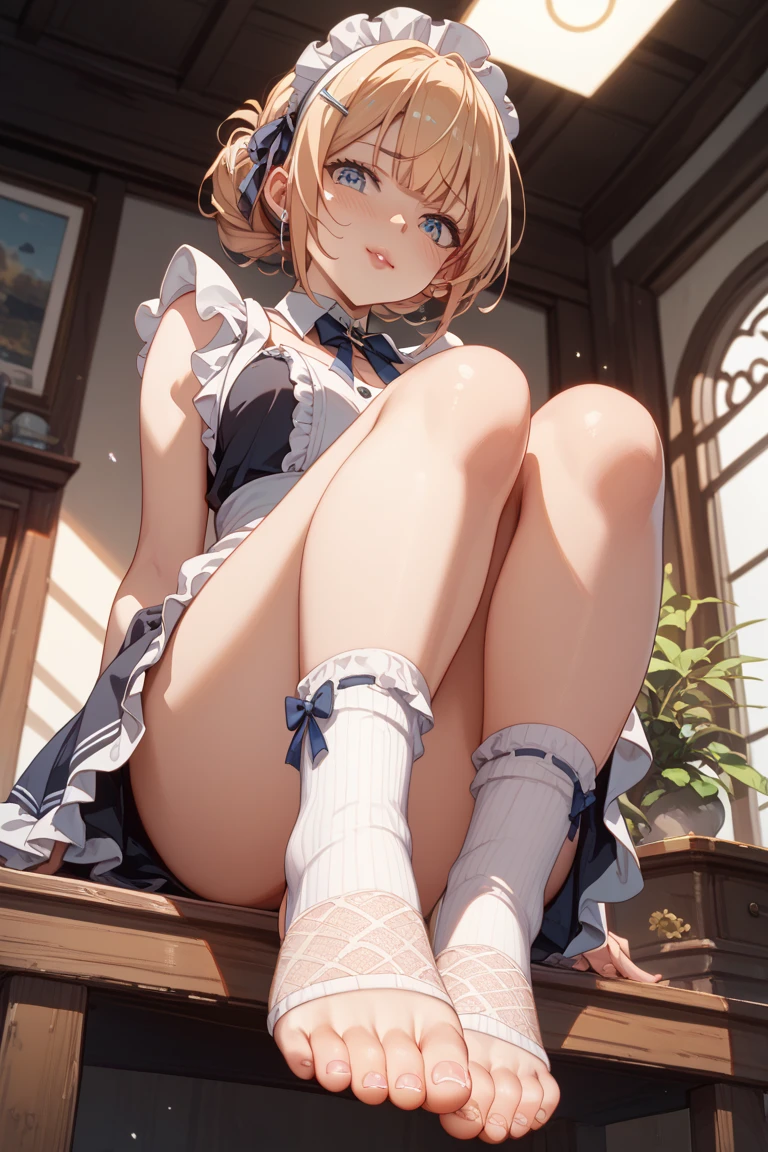 masterpiece, best quality, dynamic angle, looking at viewer, bloom, a girl, solo, shiina mahiru, yellow eyes, mouth hold hairrope, pillow hug, couch, side-tie panties, ((white):1.2 thighhighs), plants, beautiful detailed background,