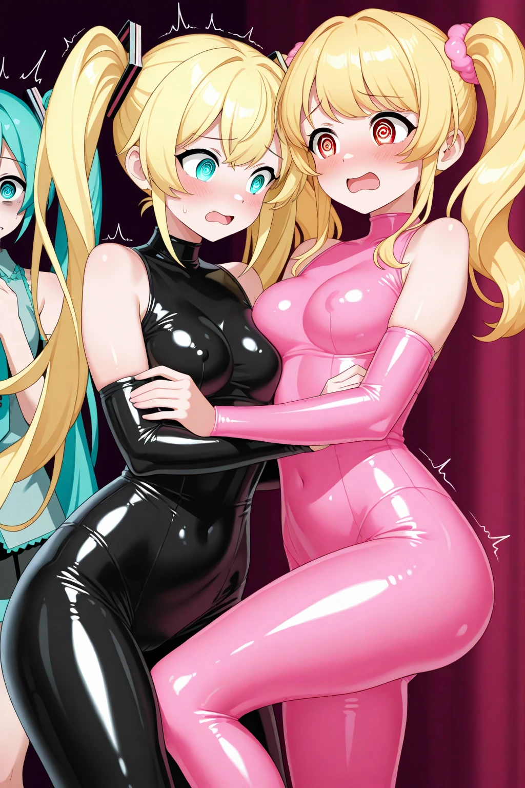 1 girl, seductively posing, collar, curvy body, wet pussy, curvy, gigantic breasts, H-cup breasts, latex, green eyes, blonde hair, long hair, flushed face, evil smile, tight, ass, pantyshot, looking back, cock buldge under clothes, naked breasts, pushing breasts together