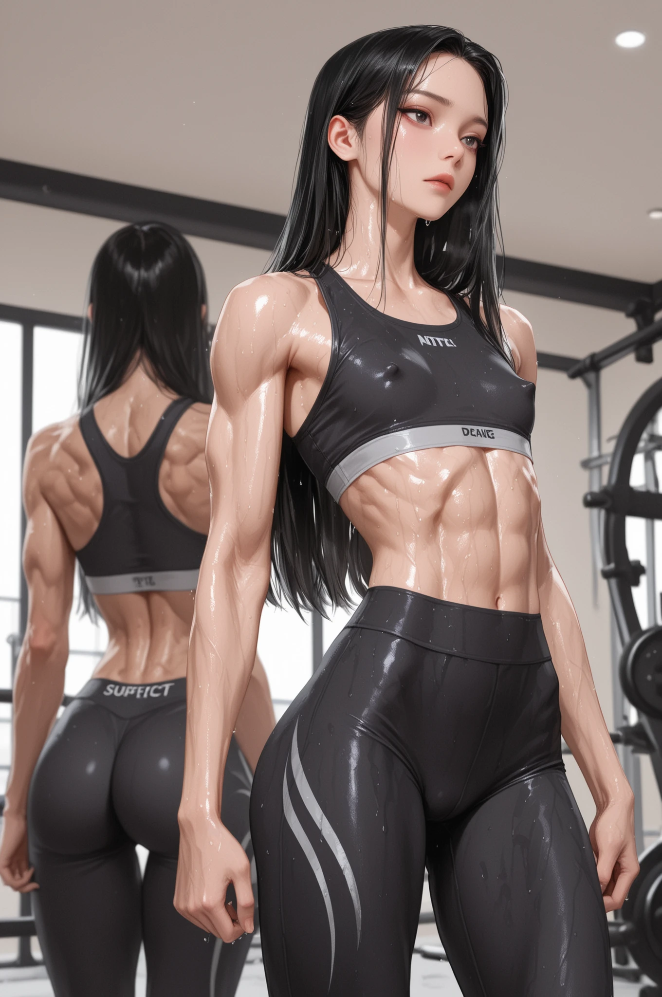 Physical Description
・ Medium height and muscular body。Muscles stand out, especially in the thighs and buttocks。
・ Wide shoulders、Muscular bumps are clearly visible on the upper arms.。
・ A light muscular six-pack protrudes from the abdomen.。
・ The long legs stand out with careves.、Muscle lines are drawn smoothly。

(Dress
Grey fitted sports bra。
Black high-waisted tight leggings。There is a red stripe on the side。
・ Red and black color combination sports shoes。
・ Black sports wristband with good sweat absorption at wrist。
・ Hair、Ponytail tied high out of the way。