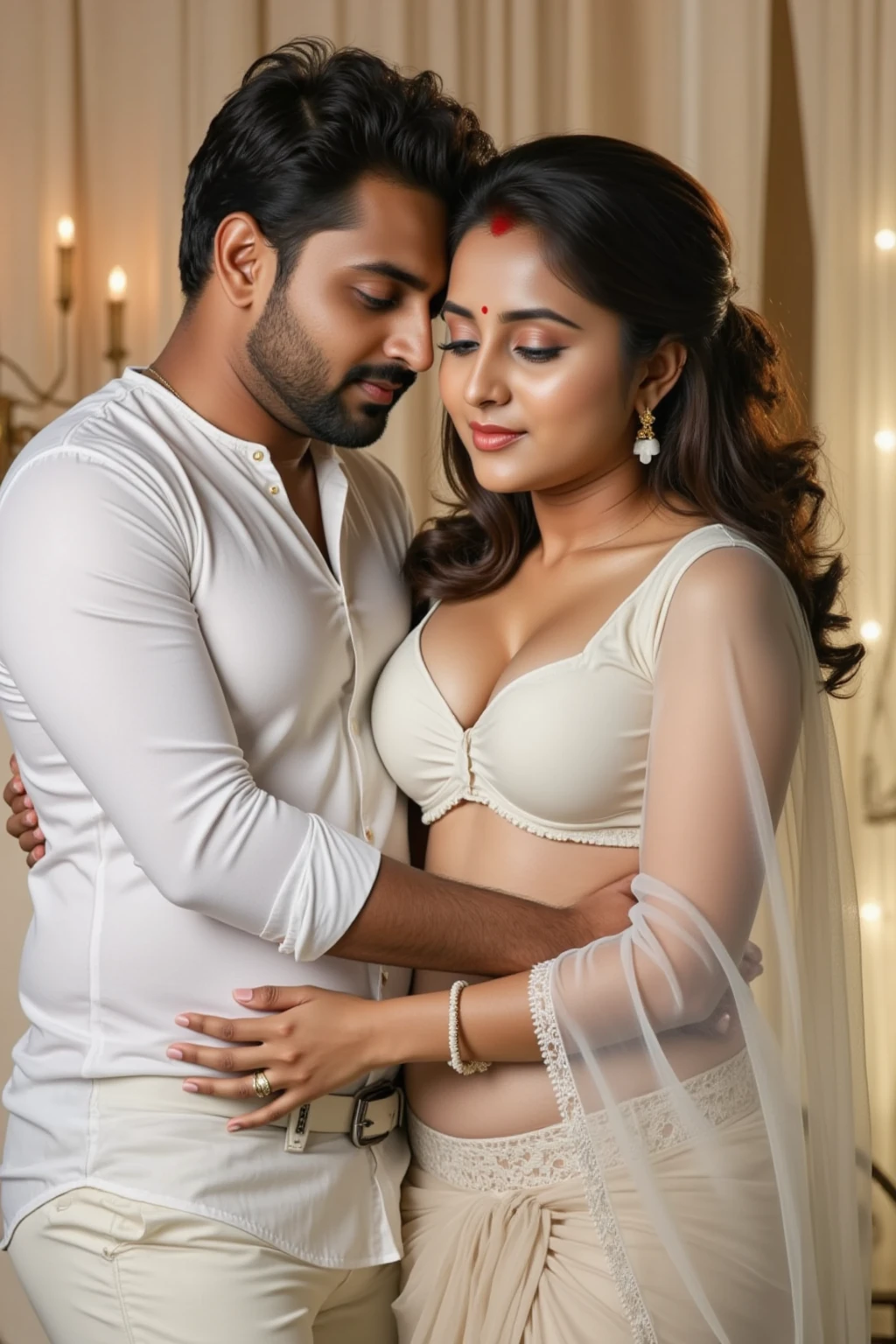 day scene, close up photo of Indian actress from top view, wearing saree, kneel down in a forest, surrounded by men , many many around her,men grab her , men touch her chest,breast grab from behind,big cheeks, curvy, hourglass figure, men grabbing her breasts and waist, sexy navel, swooping breasts, ponytail hair, necklace, look at viewer and smile, (cinematic:1.3), intricate details, (ArtStation:1.2)