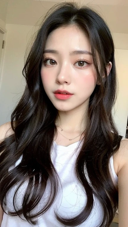 Araped woman posing for a photo with long hair and pink dress, Best Face, cabelo arrumado With bangs, With bangs, Larisa Manoval, 귀엽고 사랑스러운 korean 얼굴, 젊고 사랑스러운 korean 얼굴,  korean, Jaeyeon Nam, With bangs completa, maquiagem sul-korean popular, maquiagem korean popular, Ela tem cabelo preto With bangs