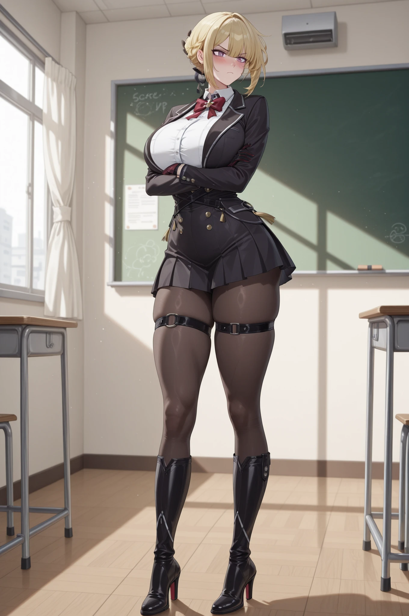 professional artwork, Intricate Details, field of view, sharp focus, detailed painting, photorealistic lighting, trending on pixiv,(masterpiece:1.0),(best_quality:1.0), ultra high res, ultra-detailed, photography, 8K, HDR, highres, absurdres:1.2, Kodak portra 400, film grain, sharp focus, bokeh:1.2, lens flare, (vibrant_color:1.2), (((indoors, classroom, classroom details, sitting on chair, perfect anatomy sitting, leaning to table))), annerose,
female mature, black hair, long hair, (((yellow eyes))), large breasts, black bodysuit, hair intakes, 35yo,mature female,Beautiful long legs,Beautiful body,Beautiful Nose,Beautiful character design, perfect eyes, perfect face, looking at viewer, (Beautiful,large_Breasts:1.4), (beautiful_face:1.5),(beautiful_lips:1.5),(narrow_waist), (solo:1.4), (full body shot),