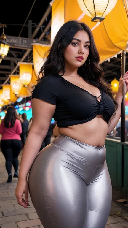 Latina woman, 42 years old, long brown hair, tan-bronze skin, plus size milf body, MILF, chubby figure, chubby face, attractive face, mascara, red lips, beautifully detailed eyes, carefree smile, confident expression, she very amused, hands on hips, looking from behind, (wearing red tank-top, shiny black leggings and golden bracelets), wide hips, large thighs, beautiful thick female, thick thighs, she has a jiggly fat round belly, she has a wide load butt, standing in the streets of Miami, (back shot:1.2), best quality, cinematic lighting, detailed background, soft volumetric lights, intricate details,
