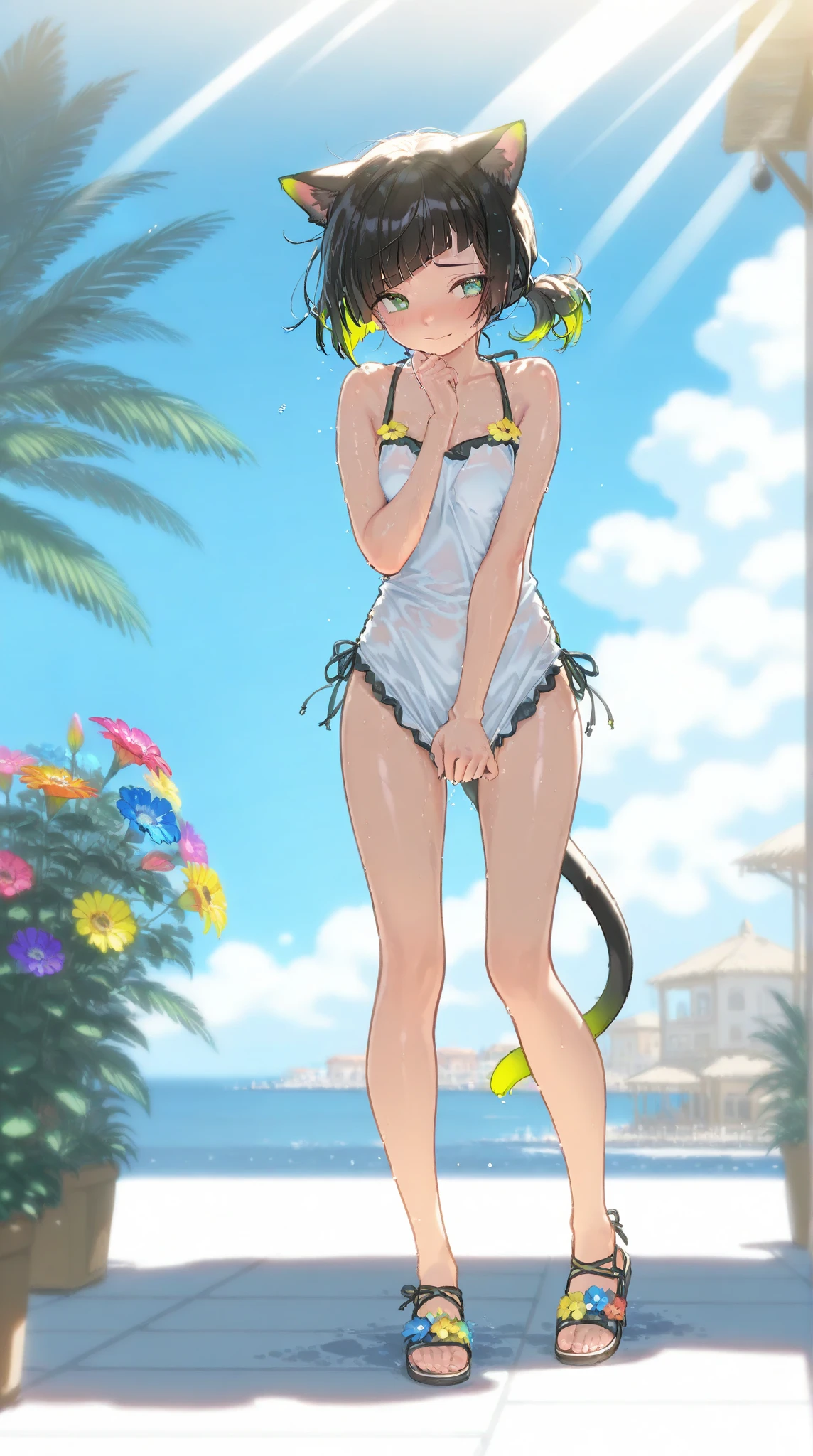cute, young, small breasts, catgirl, nude, happy, on beach, tail, long hair, proud