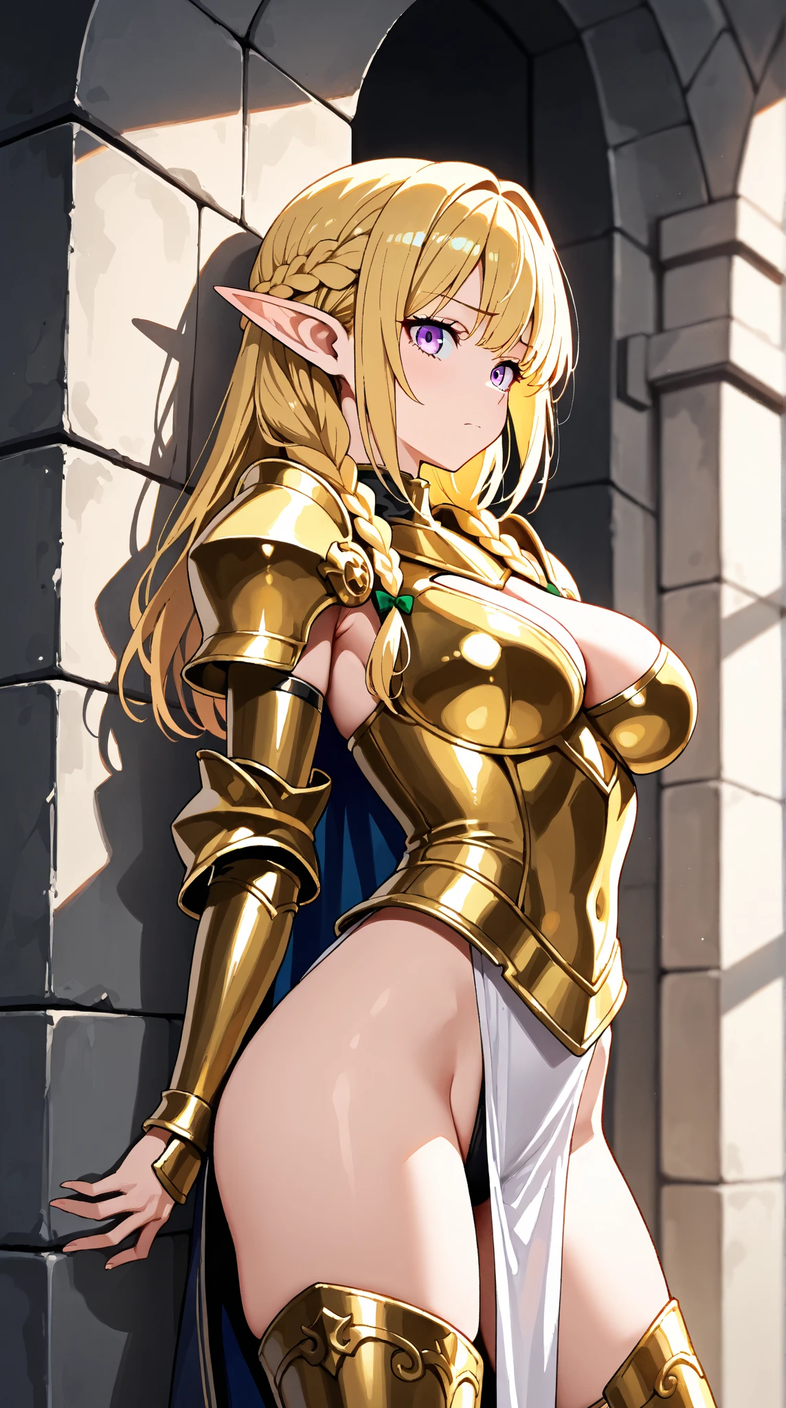 (masterpiece:1.2), (highest quality:1.2), perfect eyes, perfect face, perfect lighting, desert ((((white bikini armor)))), nsfw, 1 girl, blonde, yellow-green eyes, one eye closed, (((wavy hair))), bun_head, medium hair, cute eyes looking at the viewer ((From above)), ((abs)), (fang), sweat, closed mouth, (((glaring))), smile, ((contemptuous)), ((disdain)), contrapposto, crossed arms, ((big breasts))