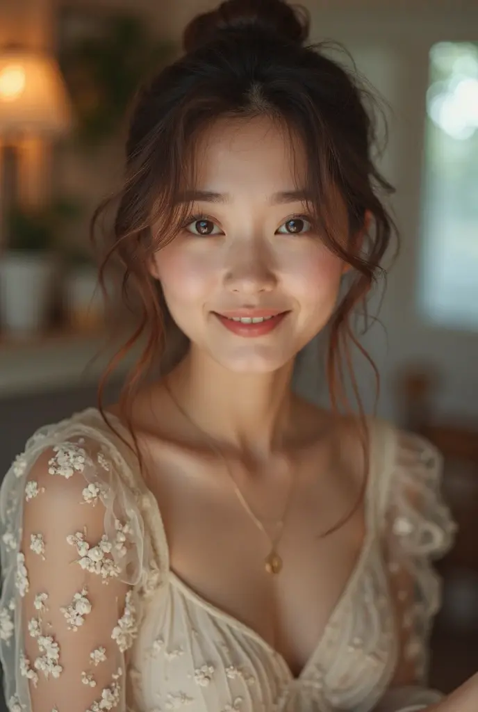Best quality, masterpiece, ultra high res, (photorealistic:1.4), raw photo, 1girl, off shoulder, cinematic lighting,light smile