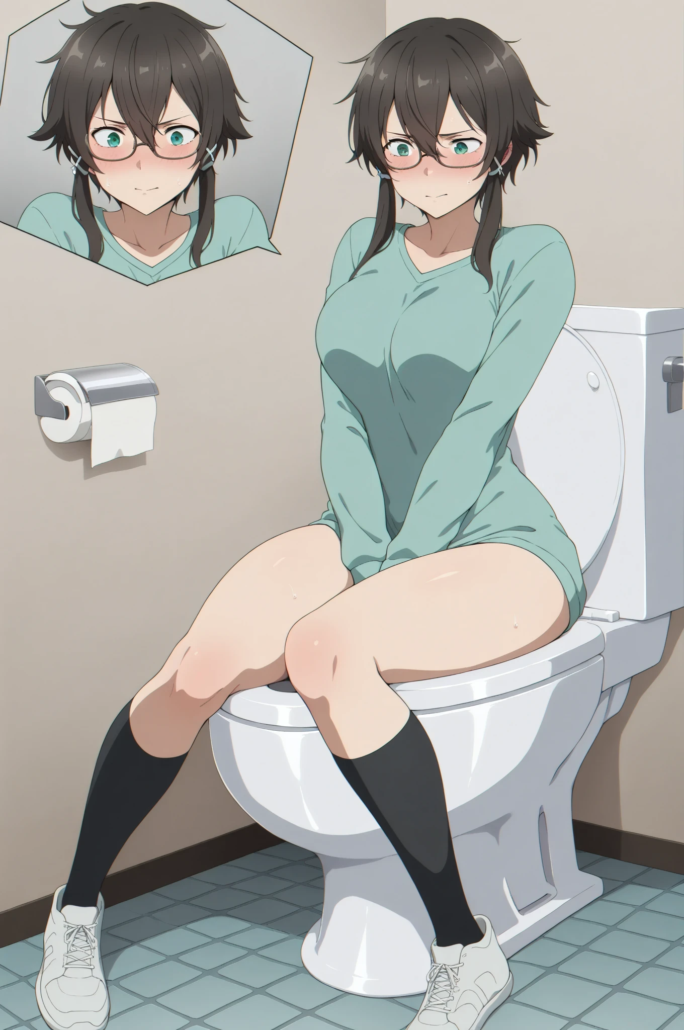 Beautiful, (young: 1.8), girl, (naked:2.0), sitting on a toilet stall, (legs spread: 1.5), shaved pussy, cum flowing from her pussy, (cum: 1.3)