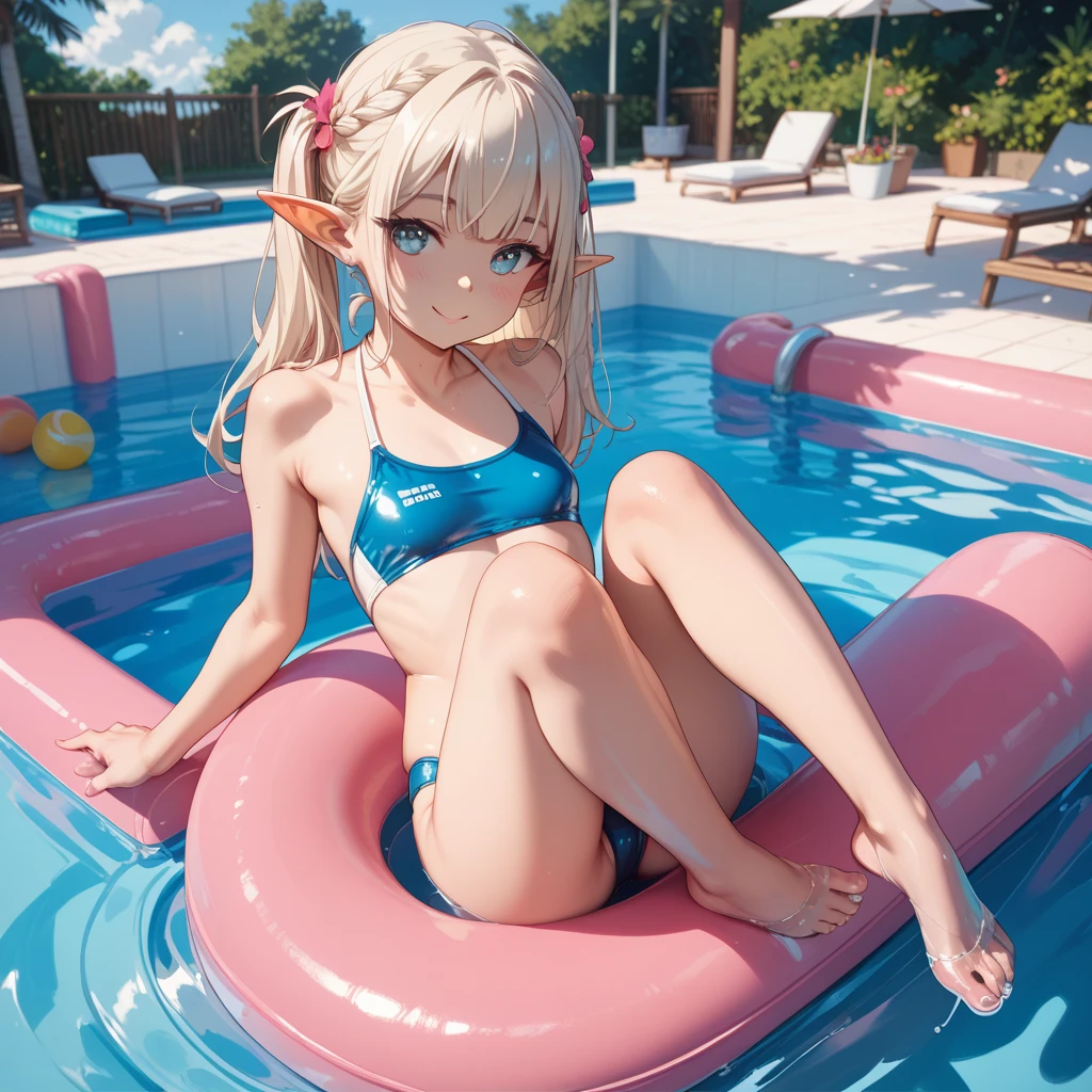 ((Highest quality)), ((masterpiece)), (detailed), 1 Beautiful Elf Woman, Smiling a little,In the pool, innertube,bikini, Frm Above, Seductively Posing