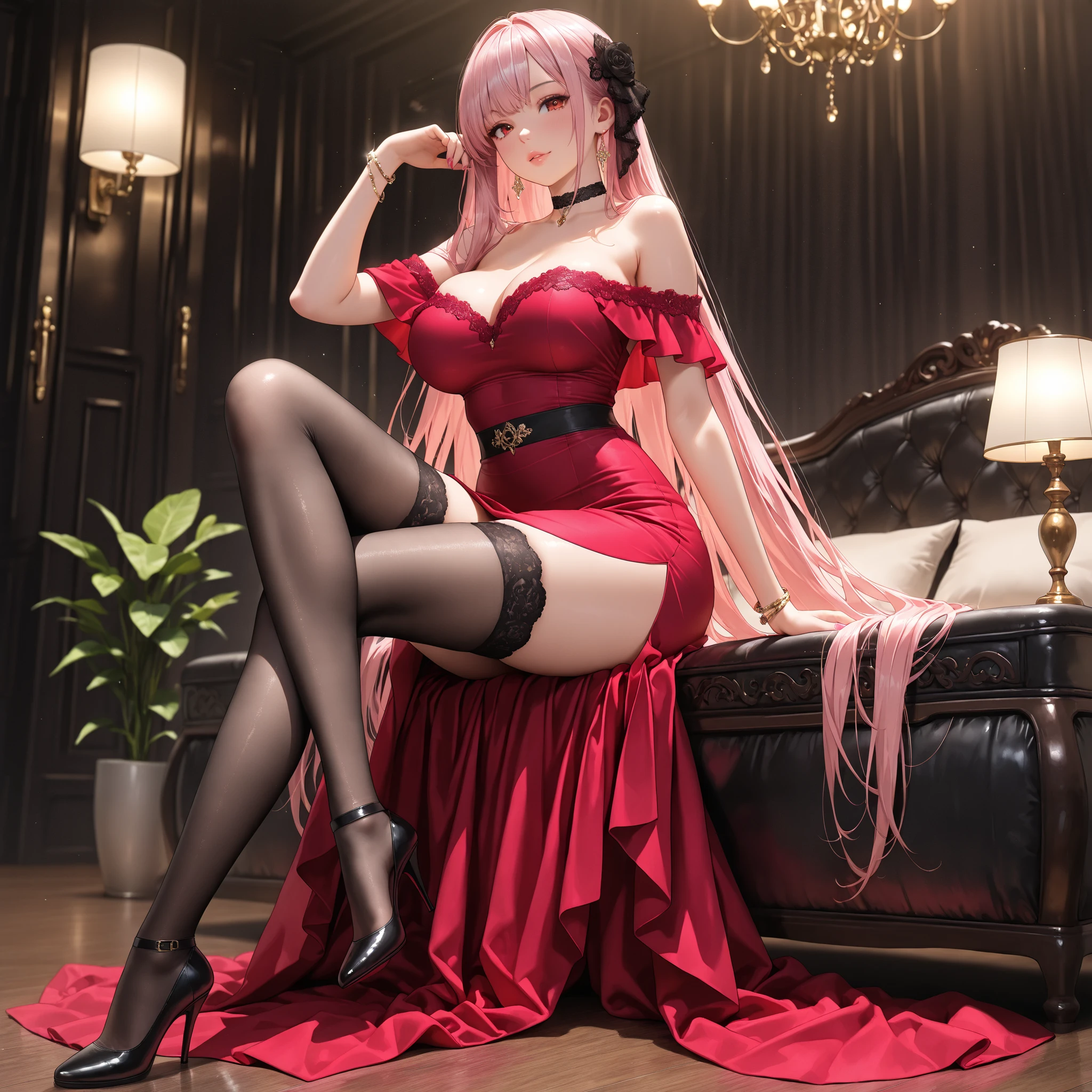 best quality, masterpiece, highres, 2 girls, lesbians, hanfu, white and even teeth, erotic pose, red irises, ponytail, very long hair, bdsm, chinese women's clothing, wearing a nightgown thin lace deep slit chest, chinese underwear, lace stockings, both girls wearing stockings and heels, mesh stockings with hooks on underwear, garter belt, lace socks worn at the waist, turtleneck polo lace top, full body shot, shot from behind, seductive girls, high heels, high boots, choker, long gloves, hair ornaments, necklace, jewelry, crown jewelry. Pretty face, full body, magic import style, tyndall effect, photo realistic, dark studio, border light, two tone light, (high detail skin: 1.2), 8k uhd, dslr , soft light, high quality, volumetric light, candid, Photo , high resolution, 4k, 8k, Bokeh, (light pink lips), 1 beautiful demon from hell, In the Dark: 1.6), surreal full body of women by David Hockney and Alphonse Mucha, fantasy art, photorealism, dynamic lighting, station art, posters, volumetric lighting, highly detailed faces , super 8k, Awarded, in the dark, deep shadow, low light, cowboy lens, (Red phoenix shirt: 1.4), bust, luxury palace, Royal style family, bedroom background, sharp and detailed makeup, lipstick, Best face, Very round and tight breasts, Surreal, charming smile, Beautiful eye makeup, guweiz, devil style, (full body), (Background detail 1.8), , moderately big butt,