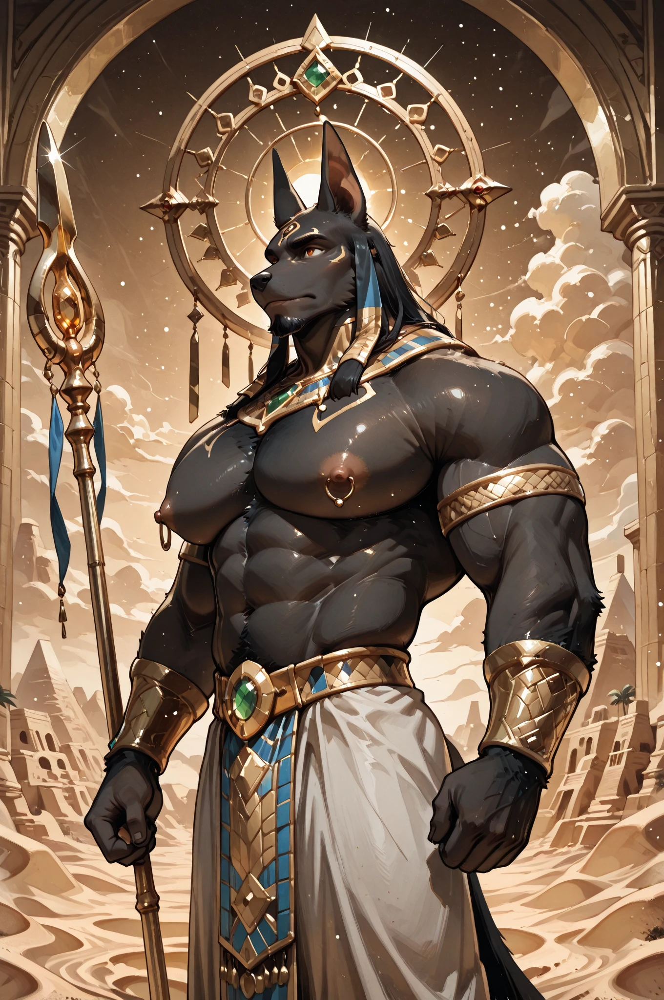 anubis jackal，Behemoth，4k HD，wallpaper, egyptian armor, anubis mask, (bara pecs: 1.4), (dense oversized huge pecs: 1.1), (big crotch bulge: 1.4), purple thong, dark dramatic lighting, epic
