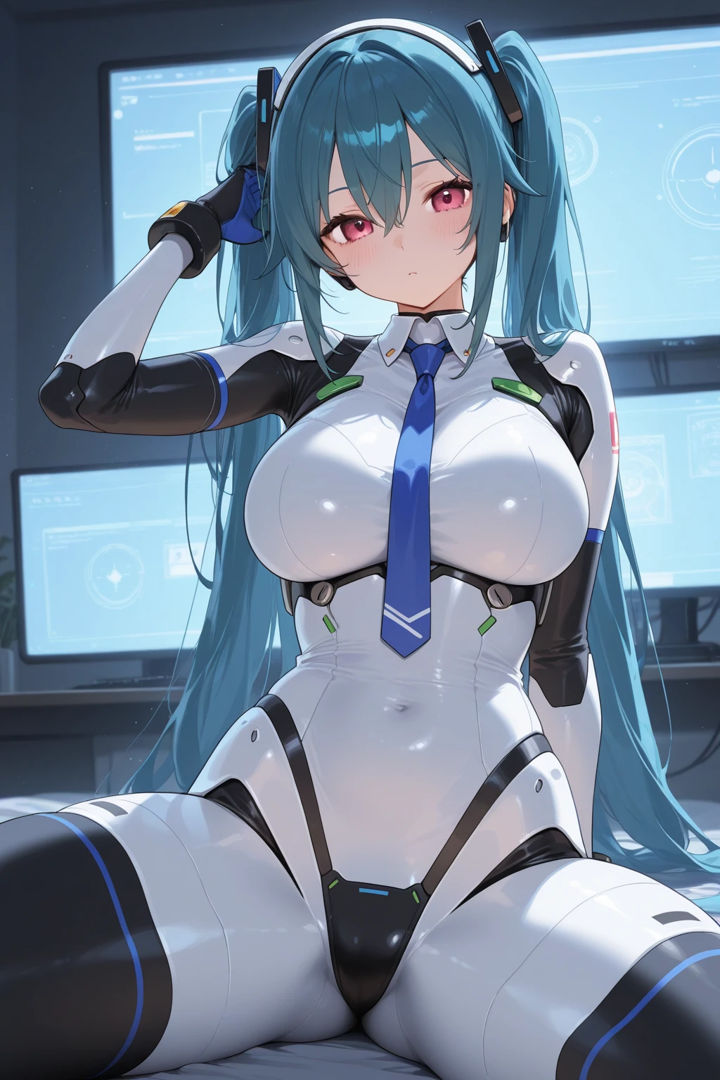 masterpiece, best quality, extremely detailed, 8k portrait, well-toned body,Japaese android Girl, Ultimate physical beauty, huge breasts , announcer,control panels,Robot arms and legs, hatune miku VOCALOID, twin tails, light blue eyes, light blue hair,Mechanical body,Blunt bangs,perfect mechanical abdomen,White robotics parts,perfect robot woman,cyberpank costume,She is powered by electricity,future laboratory,perfect plastic body,perfect mechanical body,black sponge joints,The removable cover is on the groin,The connection port is on the groin,opened chest panel,access panel on the chest,opened breast panel,perfect mechanical breast,machine body,white robot body,ceramic breast,perfect plastic breast,She has been assembled by robotarm,assembly plant,miniskirt,pleated skirt,boots,perfect future costume,perfect mechanical bodycover,separate booth,She has storaged in the booth,costume with aqua accents,