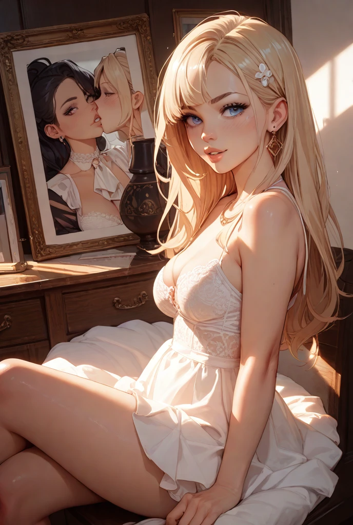 ((8K,tmasterpiece,realisticlying),(Hyper-detailing,Ultra-clear,naturey),((wavy white long hair):1.3,beatiful detailed eyes,Perfect proportions,eyes with brightness,choker necklace,ear jewelry,Pink and moist lips,The face is perfectly lit),1 busty beauty with,Cosy bedroom,Hair is shiny,The halo,Exposed bandeau silk maxi dress,Exposed milk,Elegant and beautiful hairpins,White wavy curls,Bare-legged and high heels,Reasonable movements,Very soft boobs and ass,Slender beautiful legs,Stretch meat,Fair and moisturized skin。