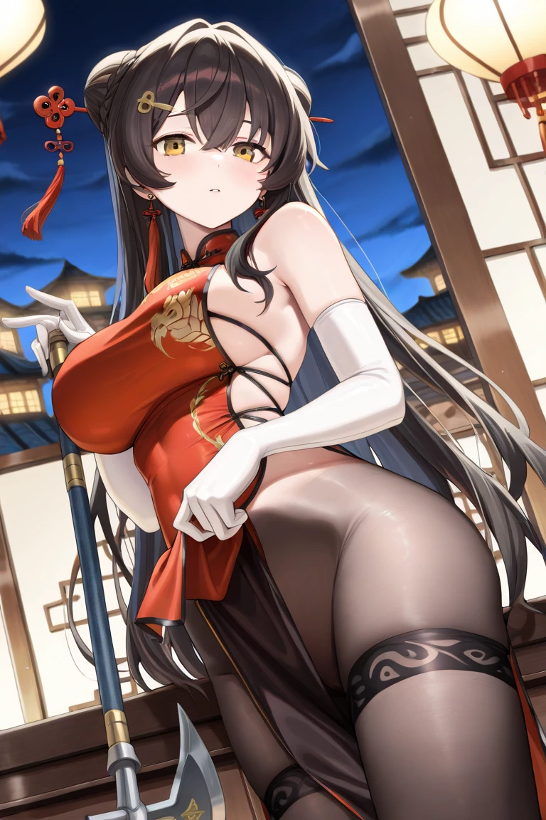 (((best quality))), ((ultra-detailed)), ((an extremely delicate and beautiful)), ((16k)), realistic, hd, cgi, gleaming hair, gleaming skin, gleaming dress, Character focus, solo, stylish pose, strong light coming in, sharp focus, illustration, game cg, anime, solo, curvy, (big breasts:1.3), forehead, ( Chinese Lace Up Cheongsam Open Chest Bodycon Dress High Slit Qipao mini), faste collarbone, (belly:0.9), standing, leaning forward, hand reaching viewer, looking at viewer, ocean, flower hair ornament, accessories, backlighting, shiny skin, shiny body, chibi, gloves, necklace, jewelry, black-brown hair, bead necklace, red faded into black colored hair, brown eyes, long hair, black bunny ears, red ubre hair, red black hair, more red hair streaks, smaller dress,