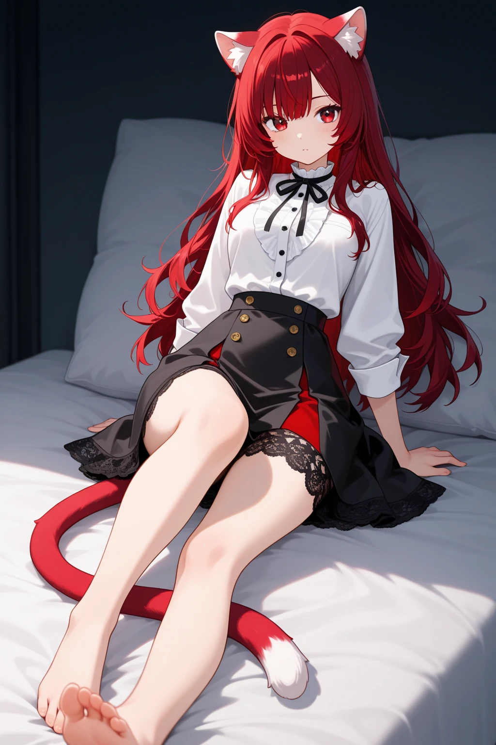 masutepiece, Best Quality, 1girl in, (Karen Stadtfilt),Red color hair, (red eyes:1.2),((weddingdress))、((robe blanche))、Semi-long hair、((embarassed expression))、((Bedroom))、((long boots))、((a miniskirt))、((pantyhose))、ชุดรัดรูป, กางเกงในสีขาว, camel toe,