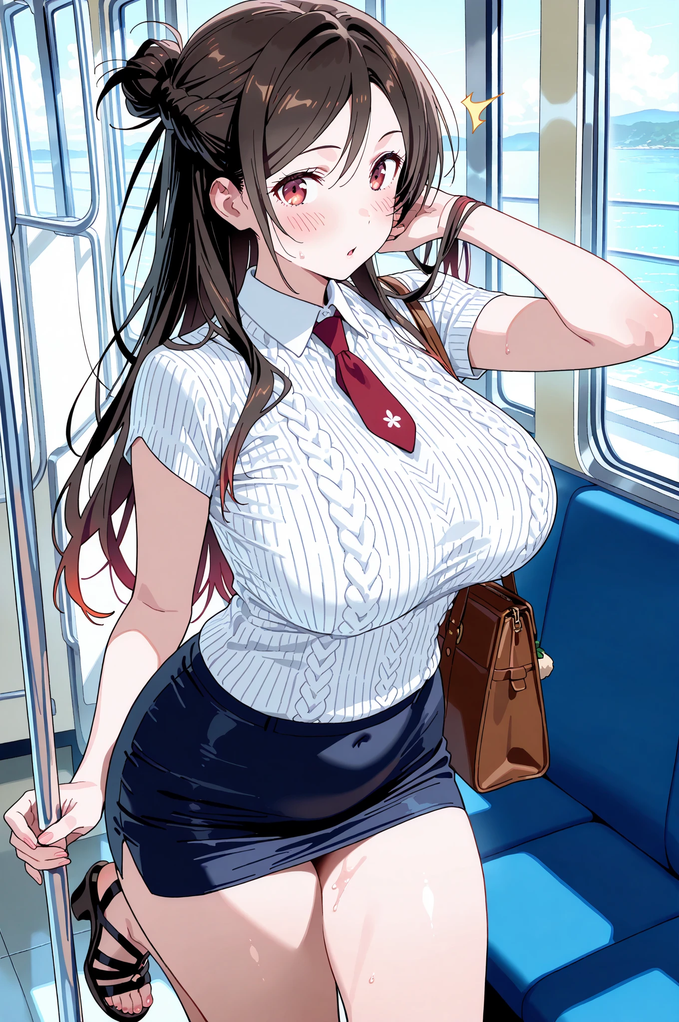 (dark madder red blouse,sleeveless,arms-baring:1.3),(look at viewer:1.2),(black and long flare skirt),thick arms,pov,close up,(incoming kissing),mature face,(from front above:1.2),single mole on cheek,black hair,sweaty,voluminous hair,unkempt hair,plump tall woman,aroused,(crowded train),(aroused and blushed:1.3),27 years old,(fair skin:1.3),(cute eyes,tareme),plump oval face,light makeup,standing in train,leaning on train door,skirt lifted,