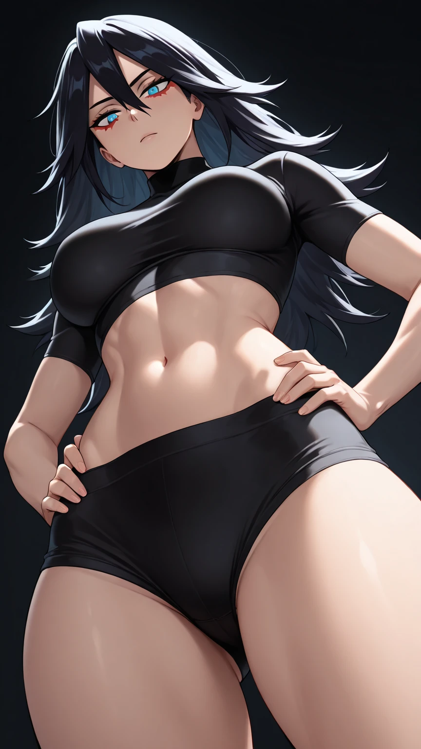 black sports braと黒いショートパンツを着て写真のためにポーズをとるアニメの女性, long green hair woman, Red-eyed woman, ponytail, clothing:black sports bra, cool woman, a woman is standing, Also, playground, outdoor, naughty anime style, sportsbra with an black, shorts with an black, big breasts, had very large breasts, full body portrait of a short!, tall woman, adult sex appeal, cool atmosphere, anime moe art style, !!full body portrait!!, Aya Takano color style, solo, female focus,