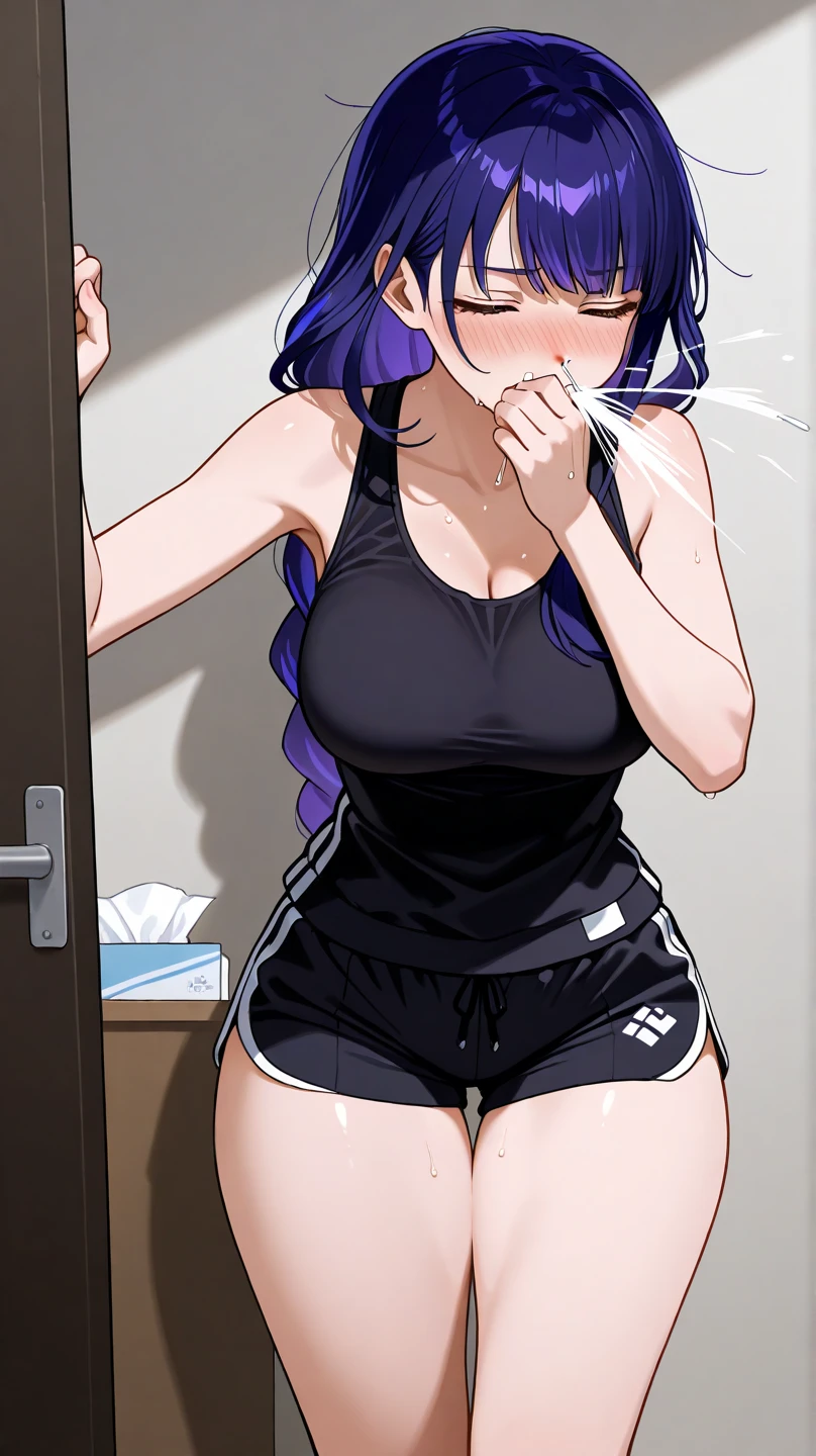 (masterpiece), best quality, expressive eyes, perfect face, gym, workout, hot, sweating, sweaty, tan, big boobs, tan skin, flustered, blush, purple clothes, see thru, yoga pants, black hair, curvy woman , black hair , straight hair, purple eyes, emberased, purple hair, purple eyes , big oreaole, ultra hd, in shock, scared,