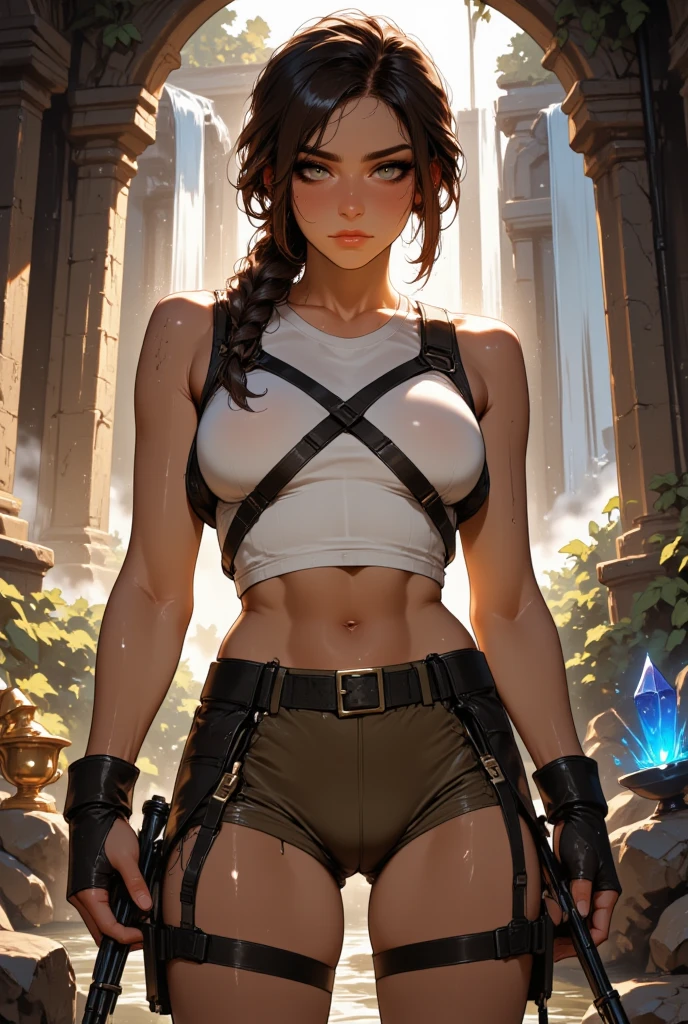 (((medium full shot))), (Masterpiece, photorealistic, photorealism, best quality, ultra-detailed:1.3), (nice hands, perfect hands), official art, cinematic light, (1girl:1.3), adult, beautiful female Jedi training with a (white lightsaber) at the jedi academy, bokeh, professional, perfect proportions of face, greek nose, nose blush, well trained sexy athlete body, skinny, fit arms, fit thighs, natural small breast, serious face for fighting, cherubic cute face, blonde hair, messy topknot hairstyle, mascara , thick leather belt, leather upper arm guard, cotton lower leg guard with leather sandals , (powerful pose for fighting), detailed background of Cobblestone arena of the Jedi academy,